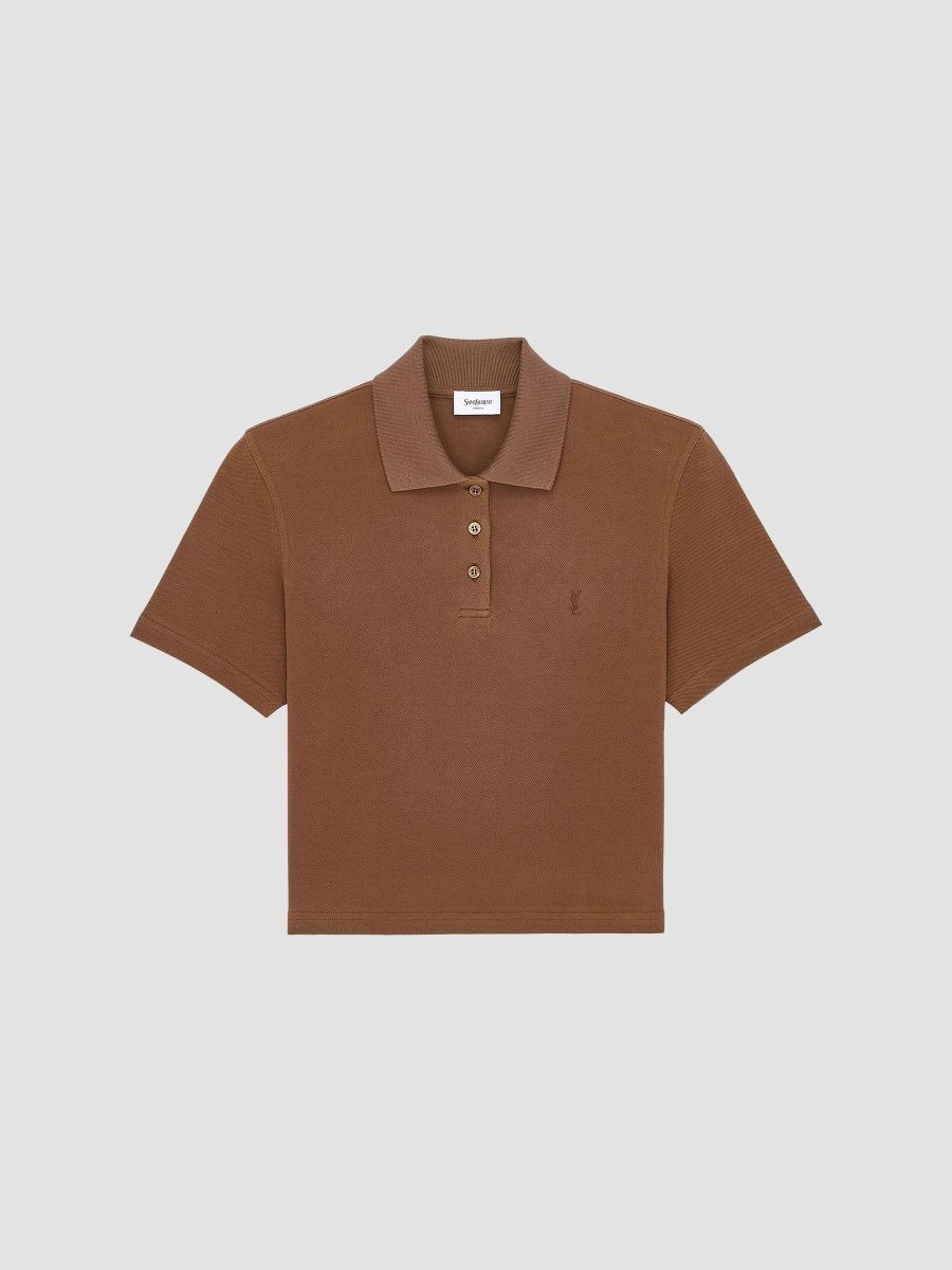 Saint Laurent Women's Cassandre Cropped Polo Shirt in Cotton Pique - Caramel - Size XL