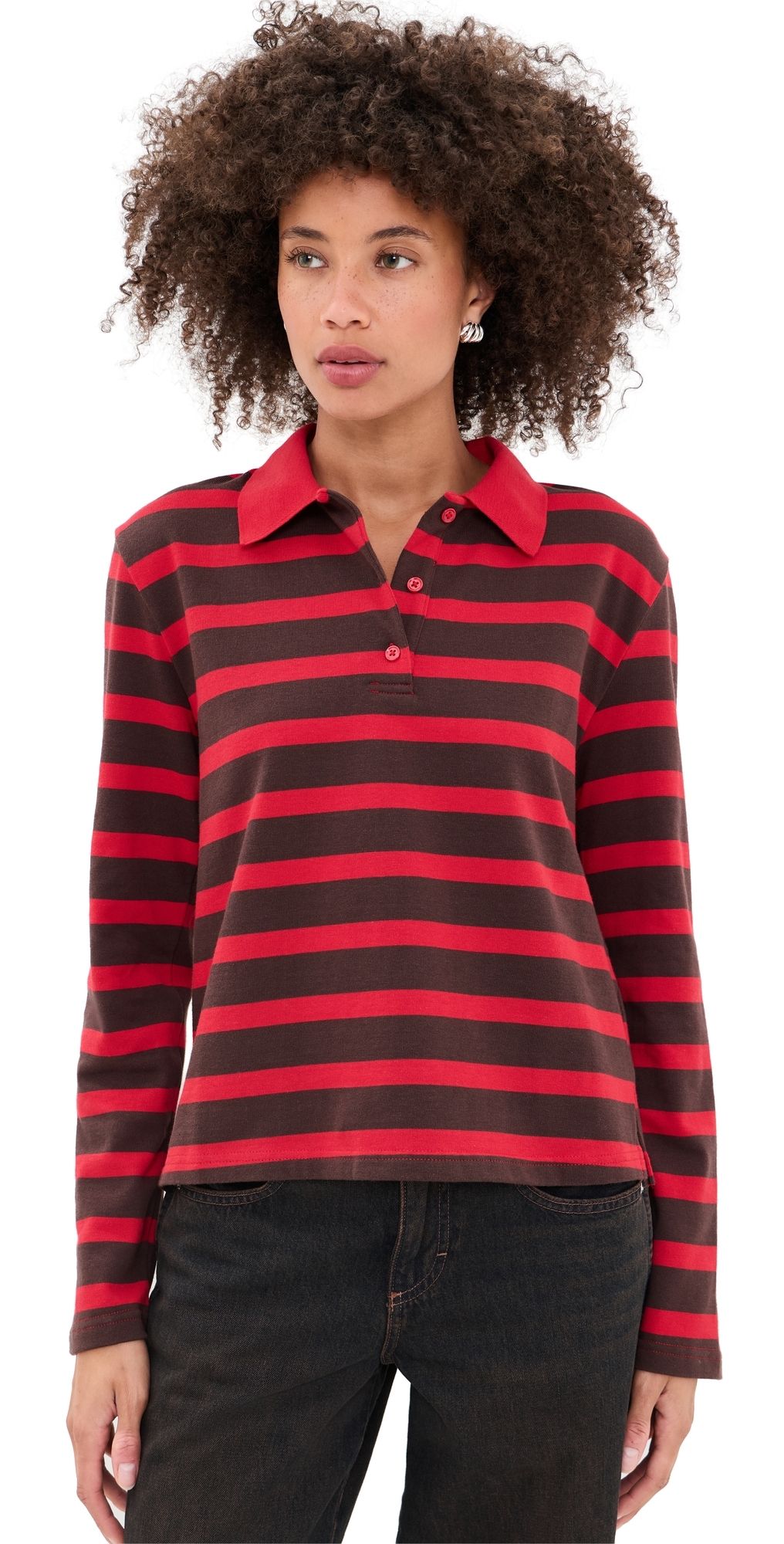 English Factory Striped Polo Knit Top Brown/Red S