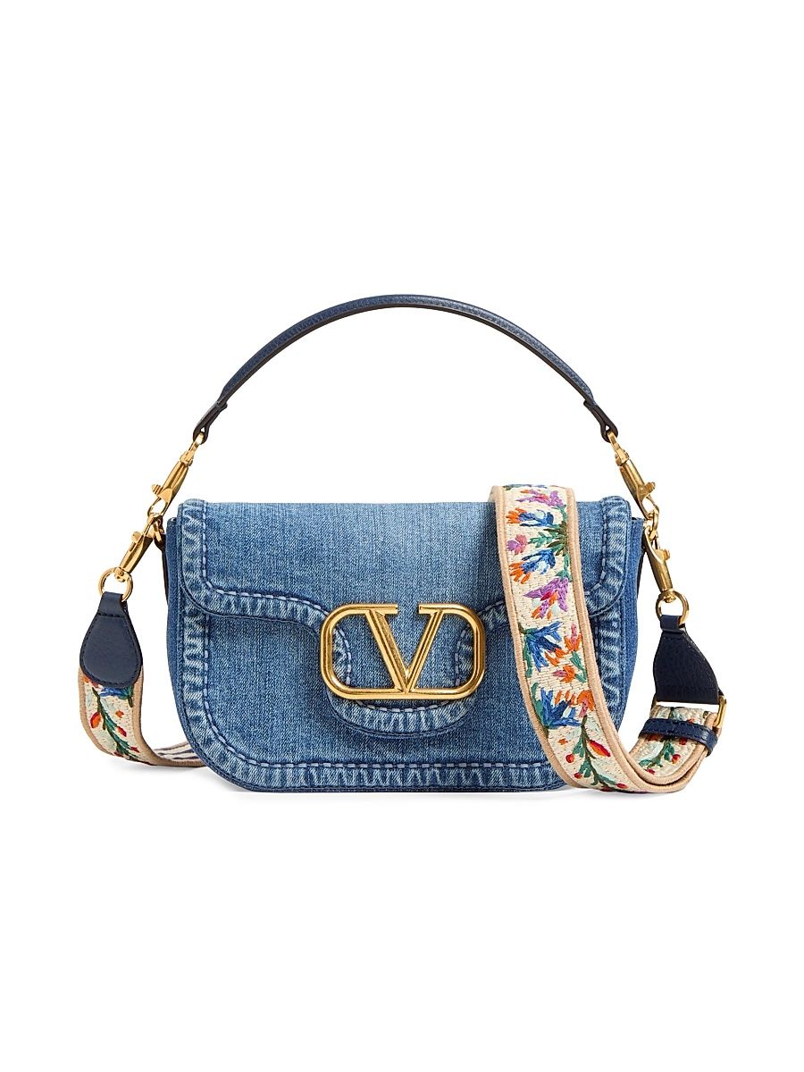 Women's Alltime Denim Shoulder Bag with Embroidered Ribbon Strap - Denim