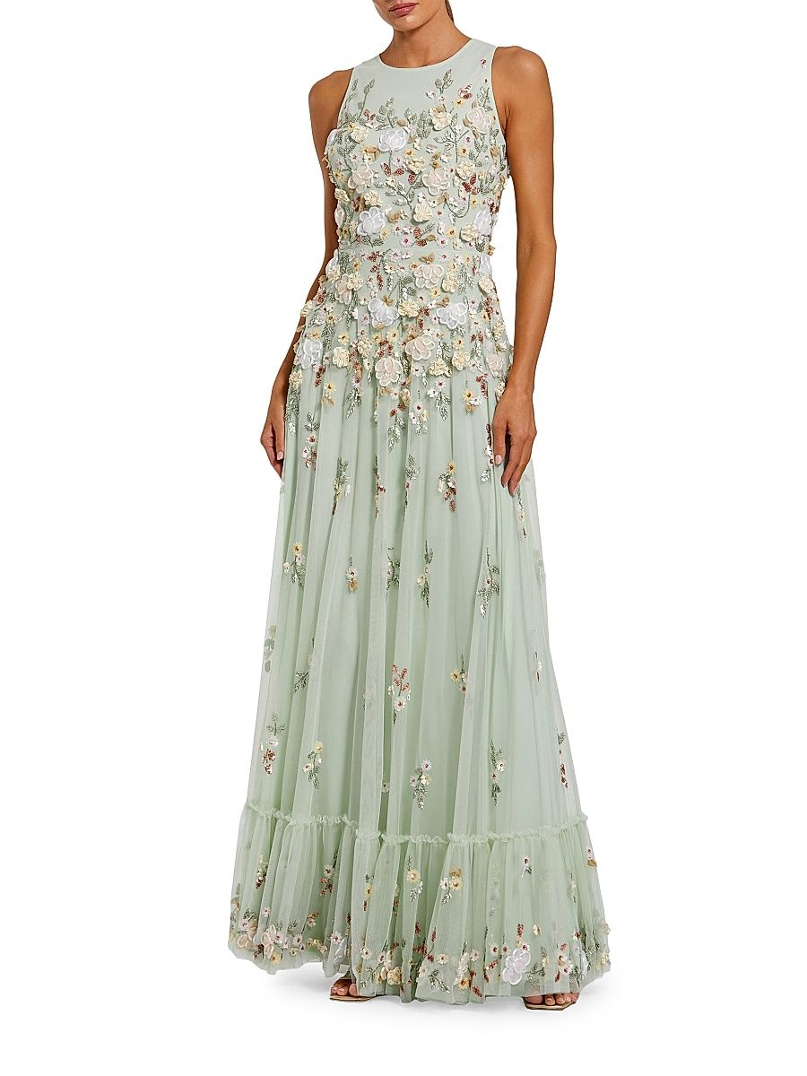 Women's Evening Floral Embroidered Sleeveless Mesh Gown - Sage - Size 8