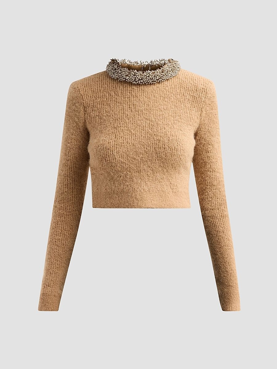 Women's Beaded-Trim Knit Sweater - Brown - Size XS