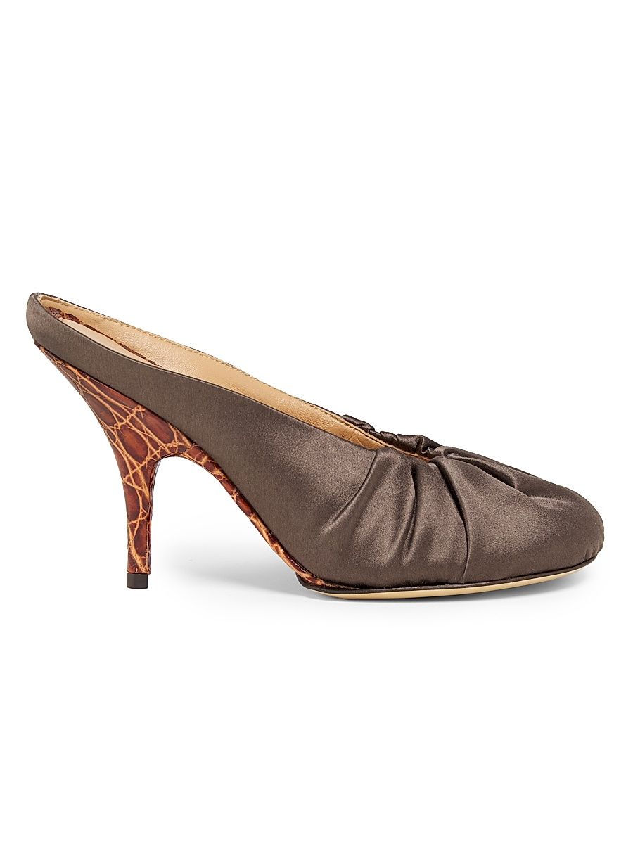 Women's Ruched 90MM Satin Mules - Dark Brown - Size 9