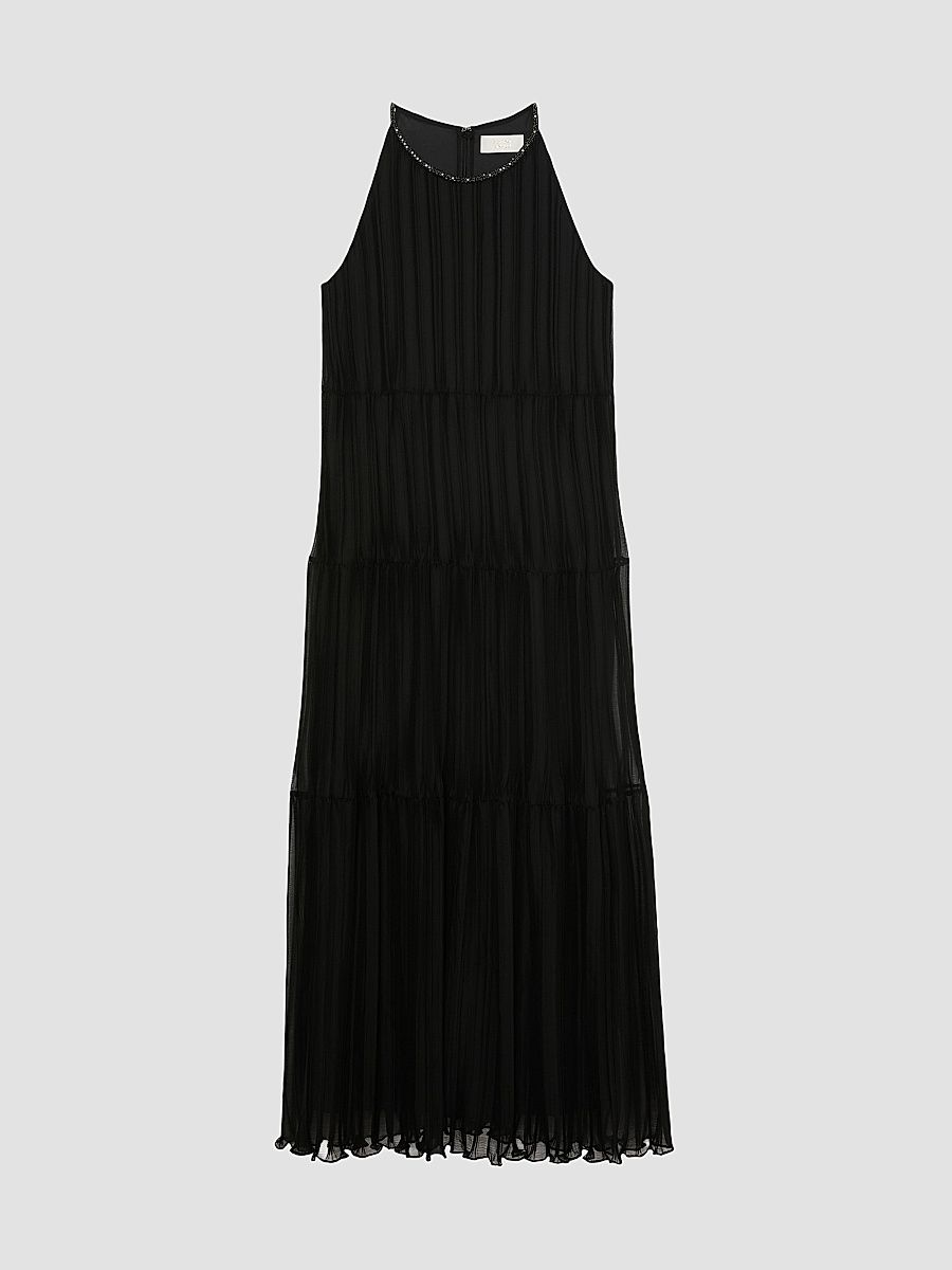 Women's Long Pleated Georgette Dress - Black - Size 14