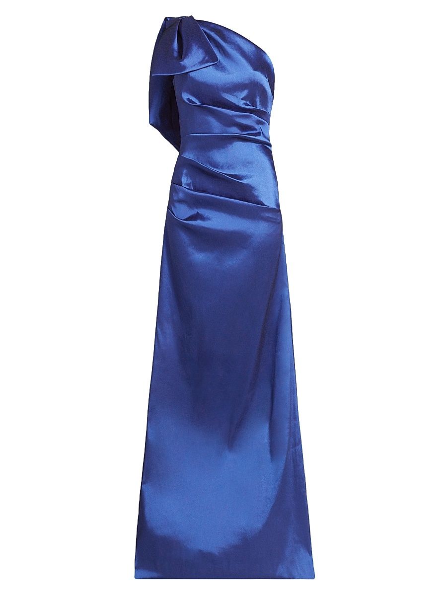 Women's Bow Stretch Gazar One-Shoulder Gown - Royal Blue - Size 10