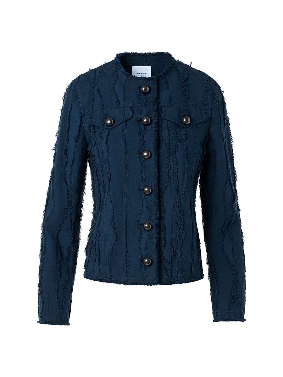 Women's Frayed Cotton Jacquard Jacket - Dark Blue - Size 18