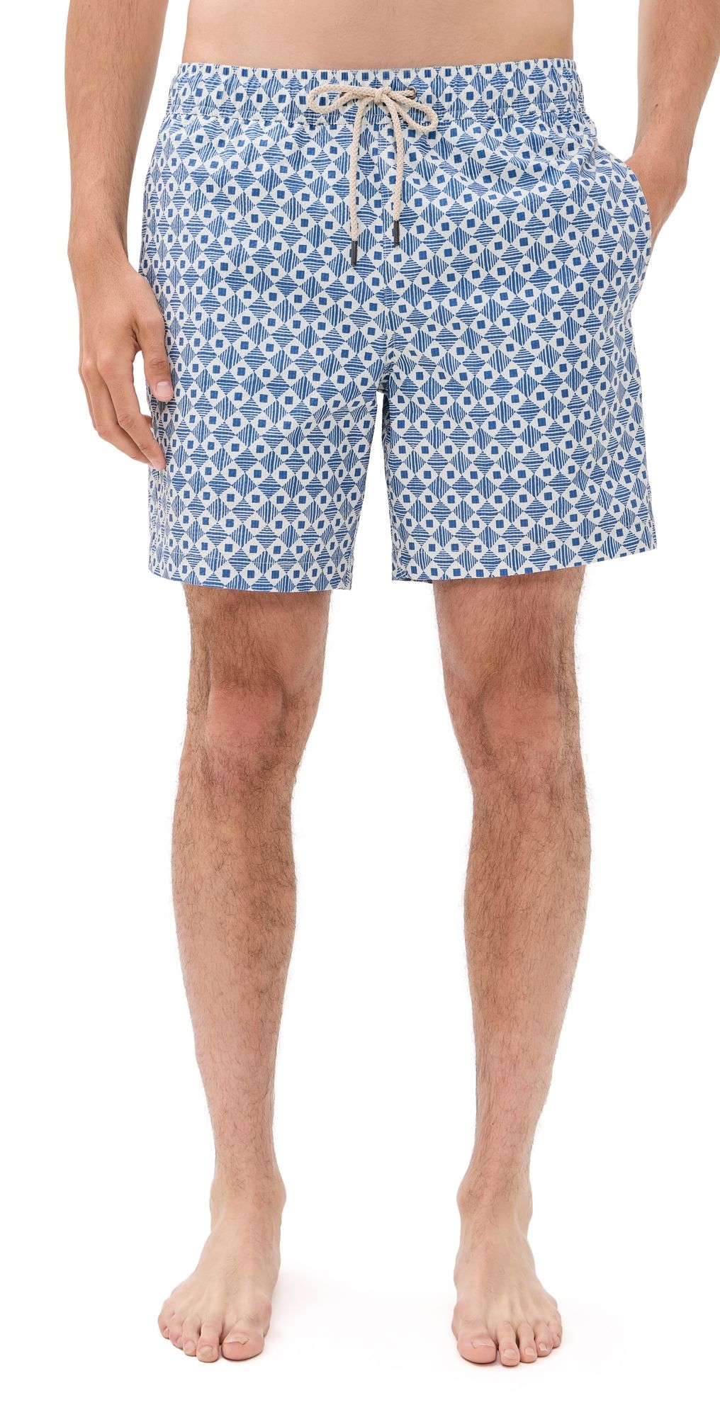 Fair Harbor The Bayberry Swim Trunks 7 Seersucker Sea Blue Tiles XL
