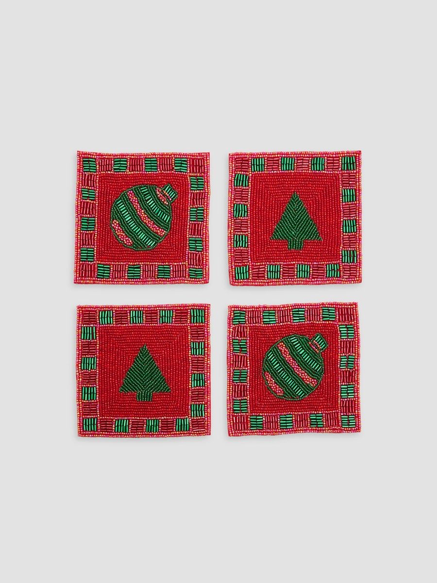 Sudha Pennathur Enchanted Evergreen Beaded Coaster 4-Piece Set