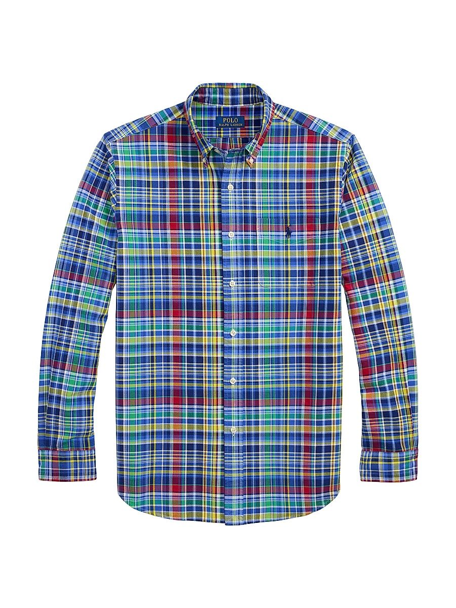 Men's Classic-Fit Plaid Oxford Shirt - Navy Yellow Multi - Size XS