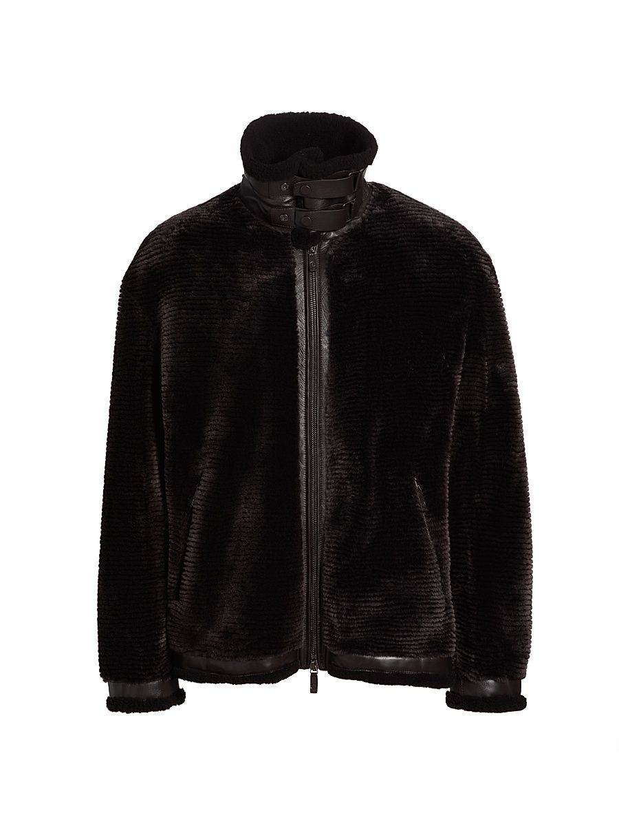 Men's Zip-Up Shearling Jacket - Brown - Size 40