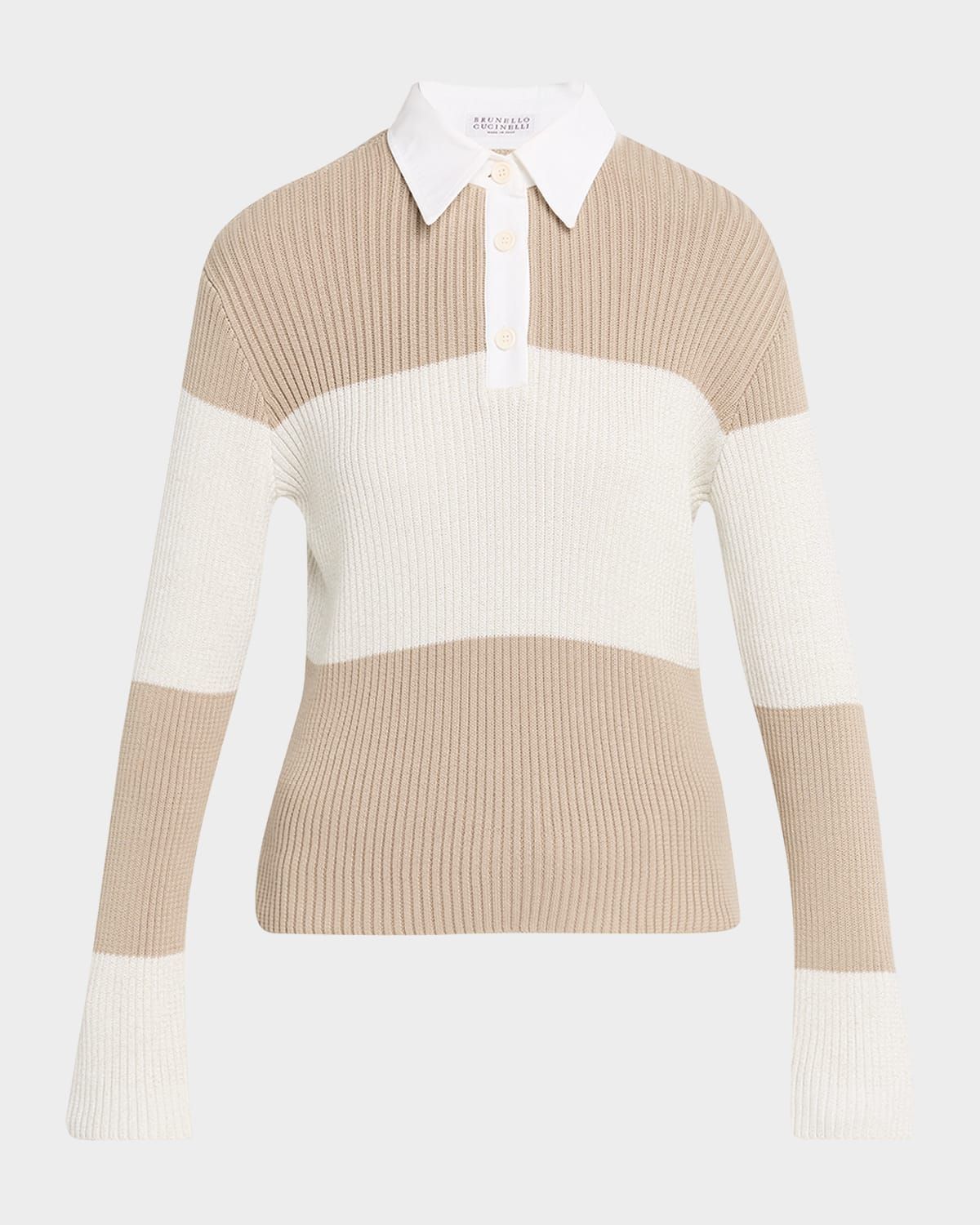 Shimmering Striped Cotton Rib Polo Sweater