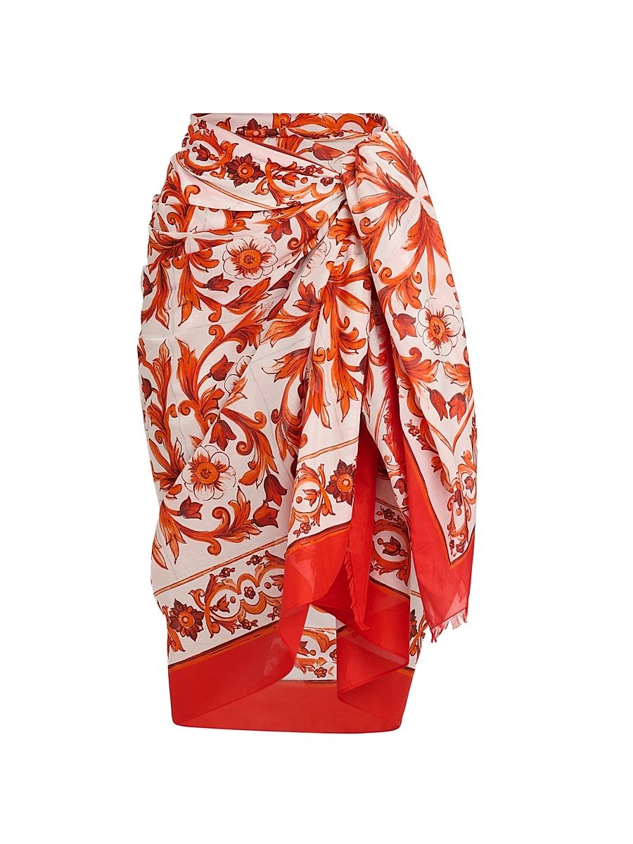 Women's Printed Silk Twill Sarong - Orange Multi