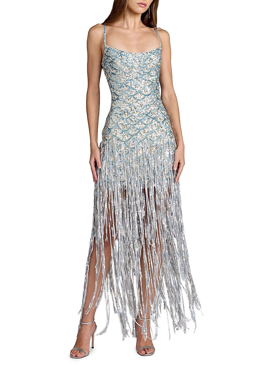 Women's Sequined Fringe Mesh Gown - Beige Silver - Size 14