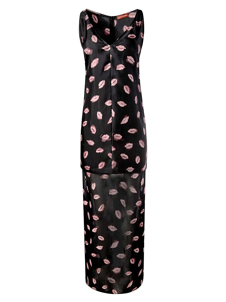 Women's Katrin Lip-Print Silk Maxi Dress - Black Kisses - Size 10