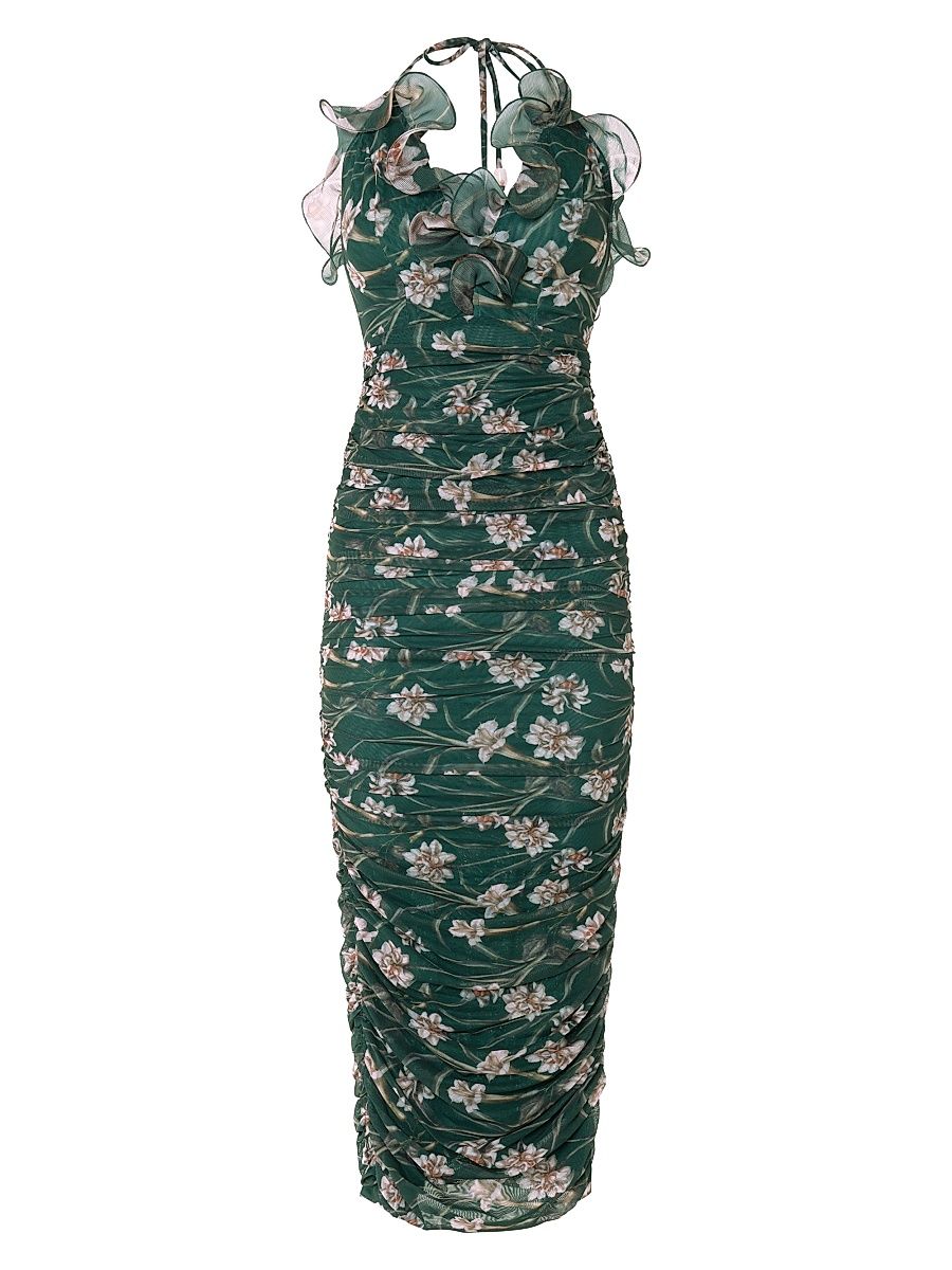 Women's Botanic Retro Floral Chiffon Ruched Midi-Dress - Dark Green - Size 8