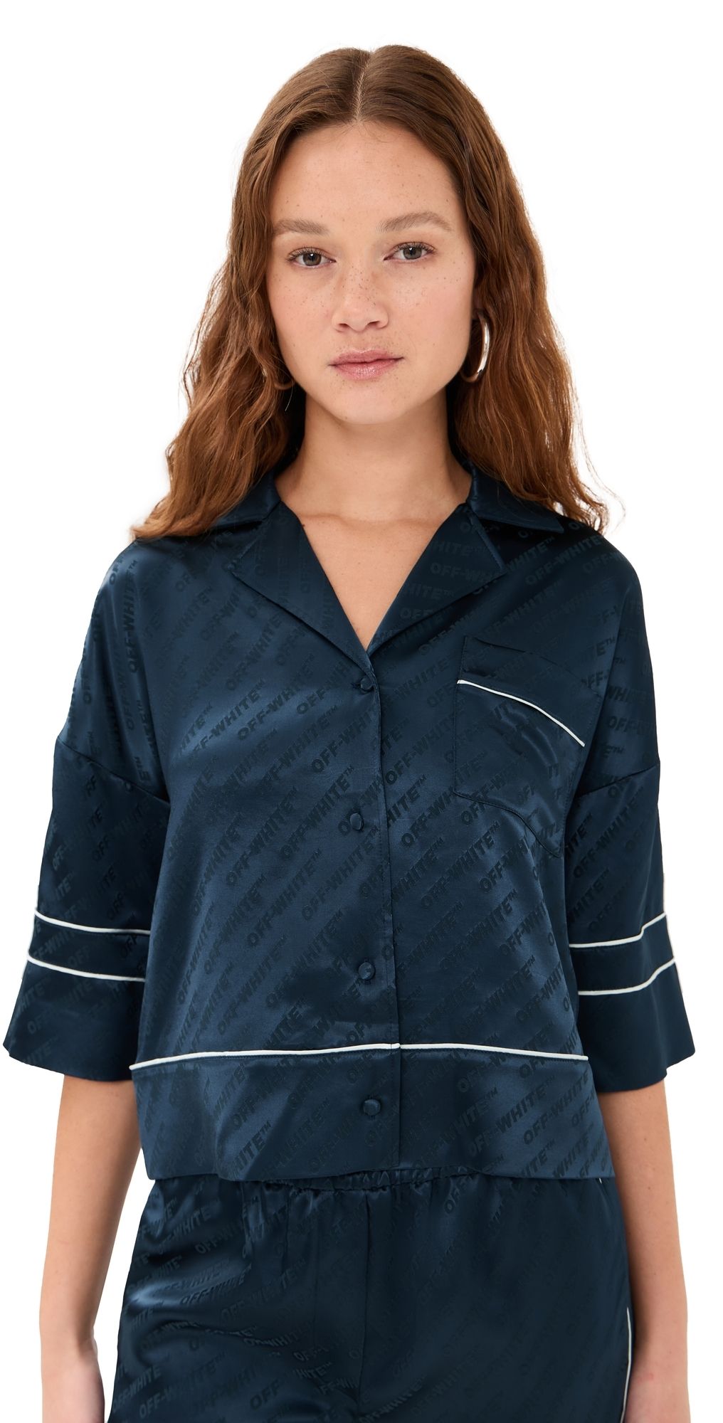 Off-White Jacquard Off Satin Pajama Shirt Blue Iris 38
