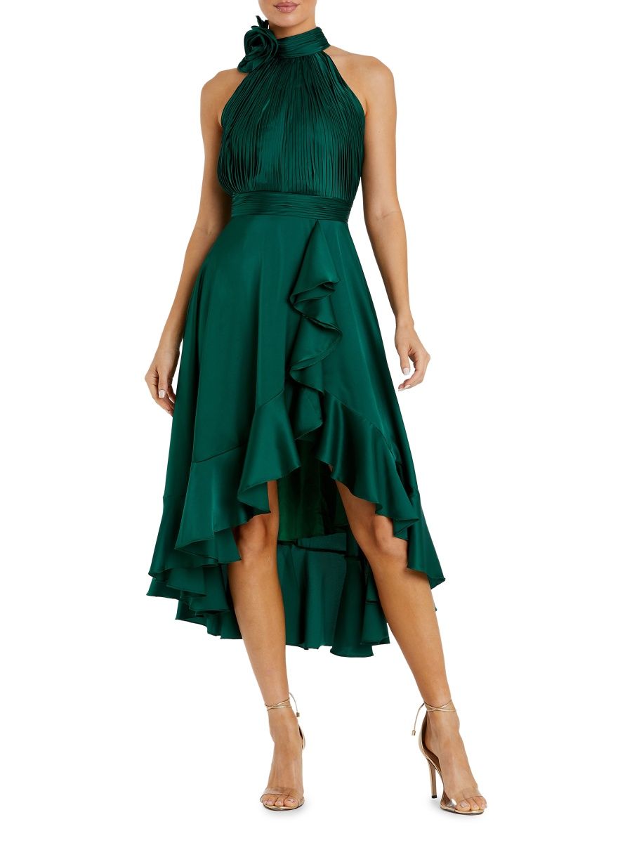 Mac Duggal Women's Cocktail Satin Rosette-Detailed Halterneck Dress - Emerald - Size 8