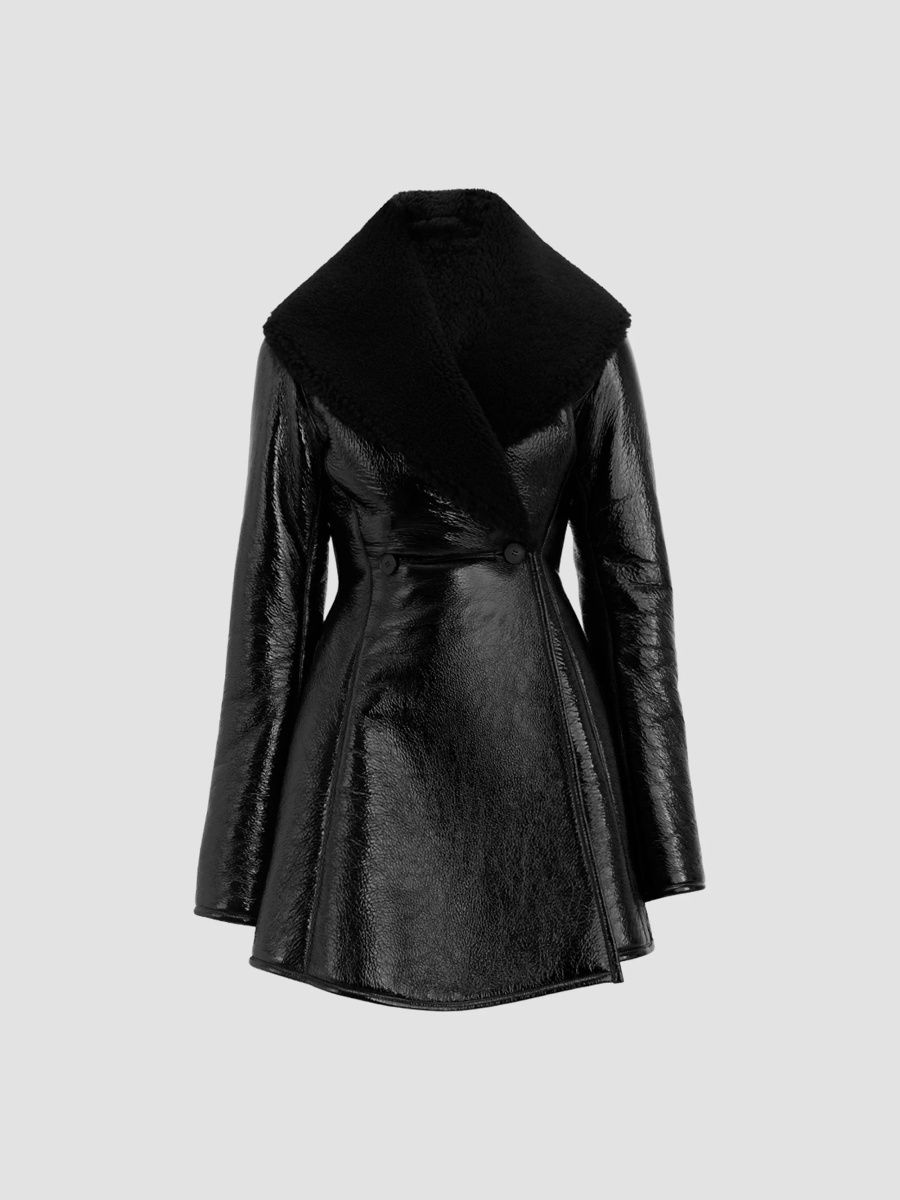 ALAÏA Women's Patent Leather & Shearling Princess Coat - Noir - Size 4