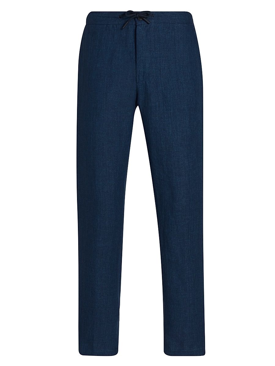 Men's COLLECTION Délavé Linen Drawstring Pants - Navy - Size 38