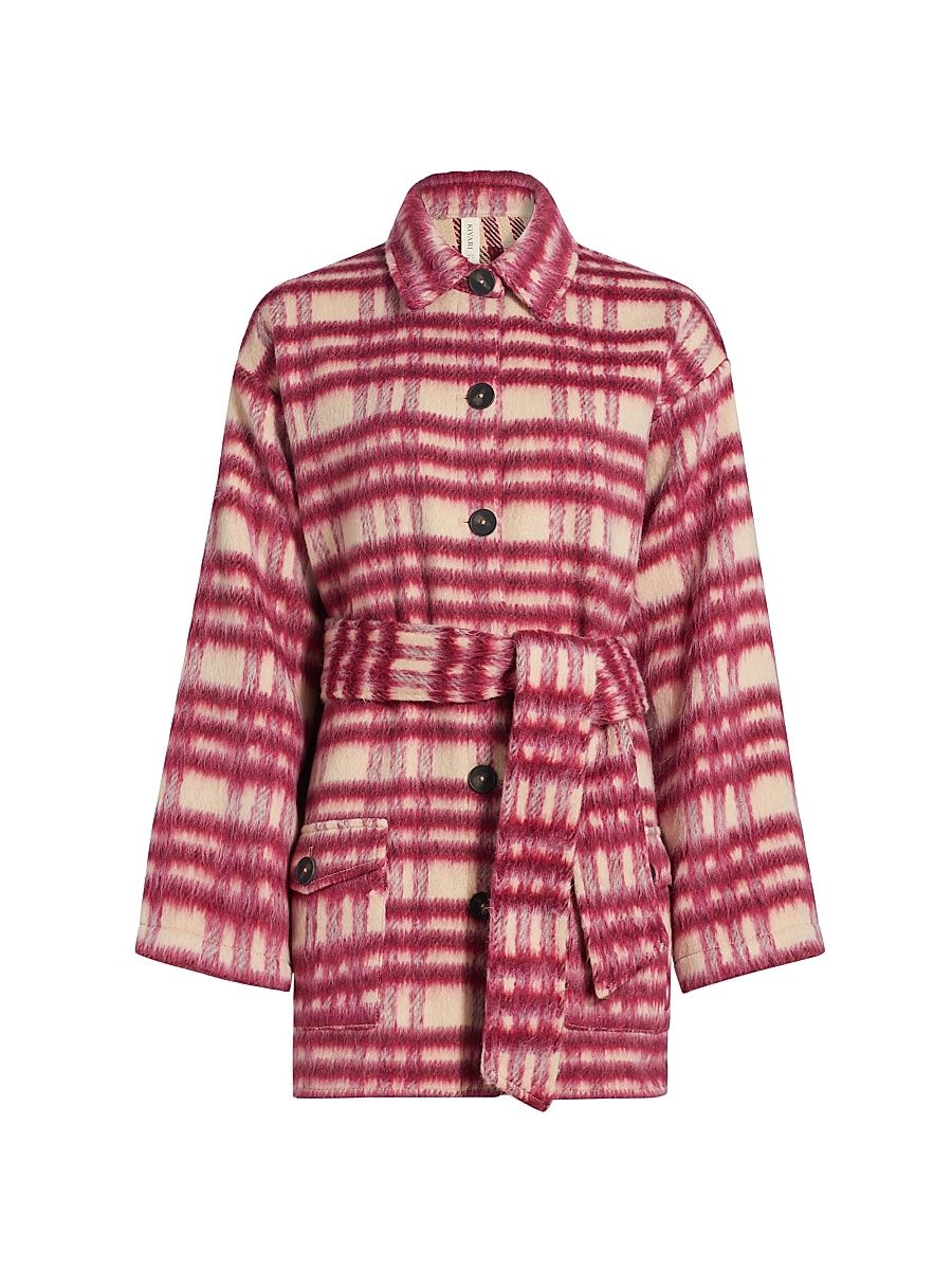 Women's Kinley Belted Glen Plaid Coat - Pink - Size XS