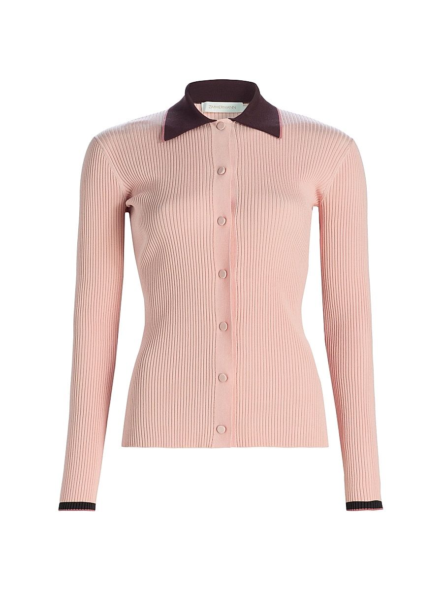 Women's Contrast Rib-Knit Cardigan - Soft Pink Multi - Size 8