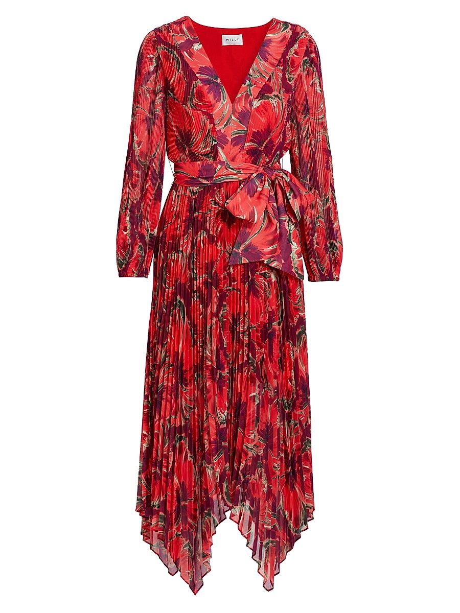 Women's Liora Windmill Floral Pleated Midi-Dress - Red Multi - Size 8