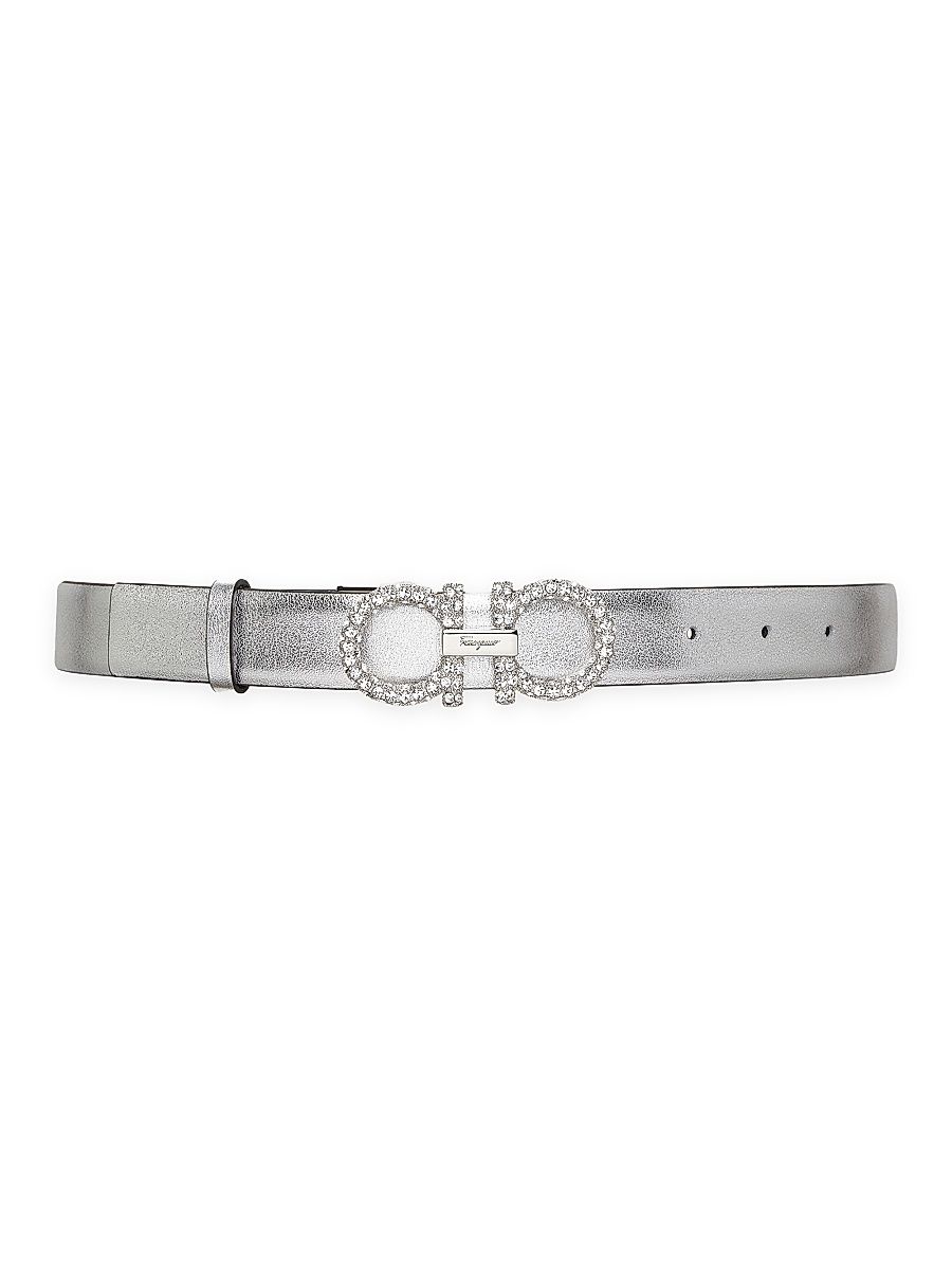 Women's Reversible Gancini Crystal-Embellished Metallic Leather Belt - Silver