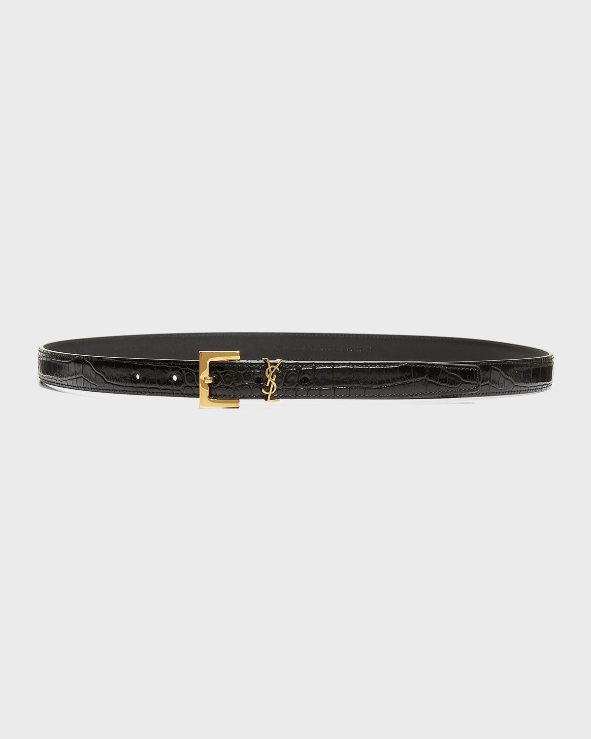 YSL Croc-Embossed Skinny Belt