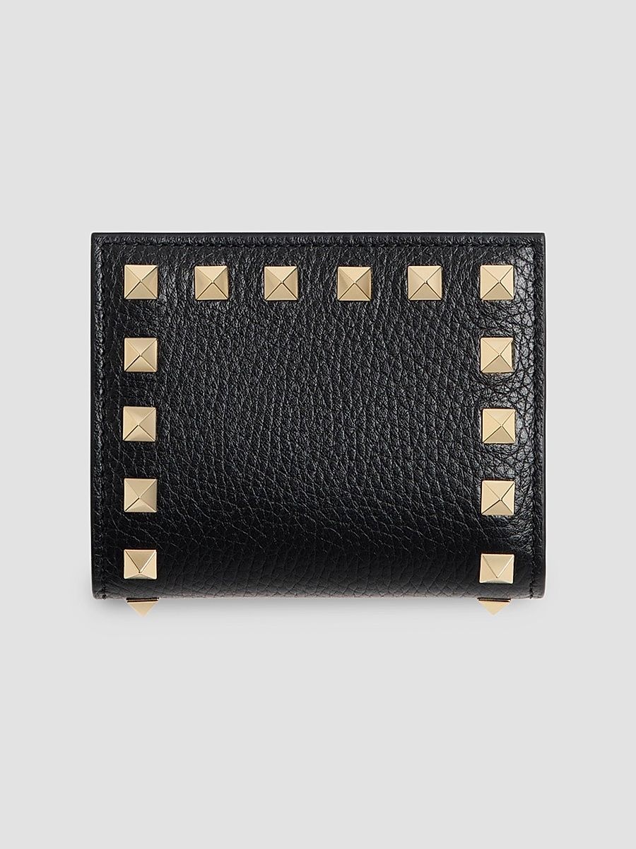 Women's Rockstud Wallet in Grainy Calfskin - Black
