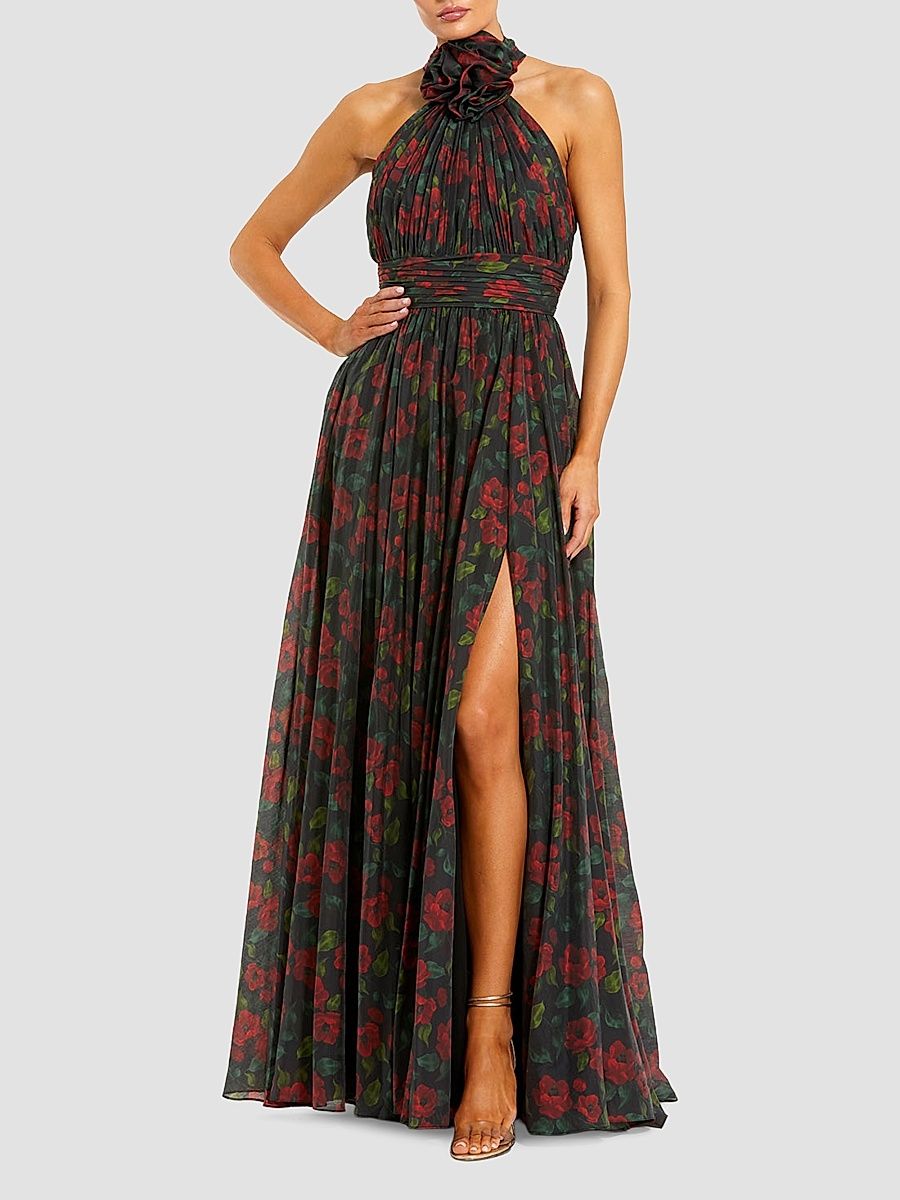 Women's Floral Chiffon High Neck Gown - Black Multi - Size 14