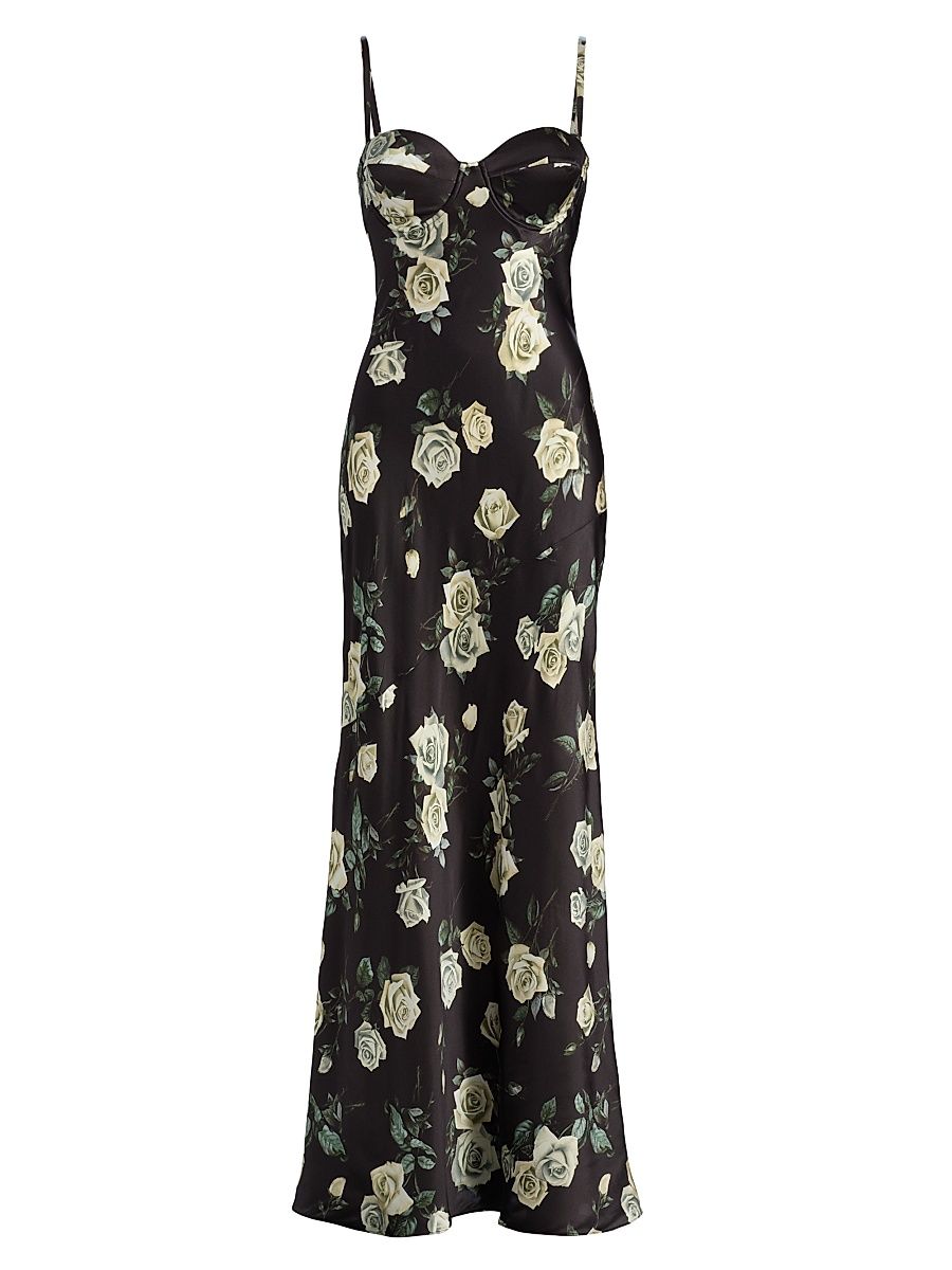 Women's Sayla Floral Silk Maxi Dress - Black Ivory Romantic Rose - Size 14