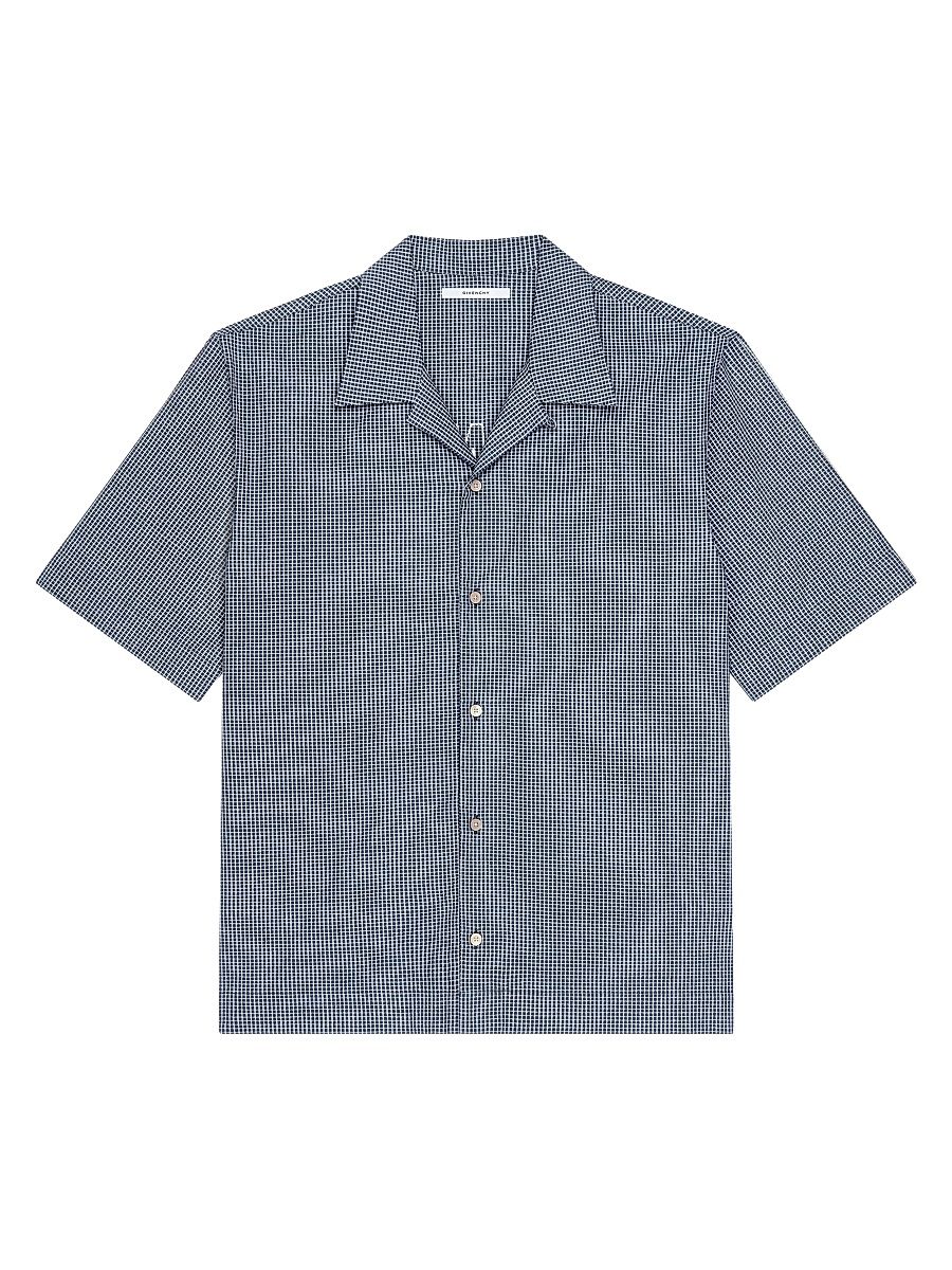 Men's Checked Shirt in Cotton with Paris Embroidery - Blue - Size 14.5