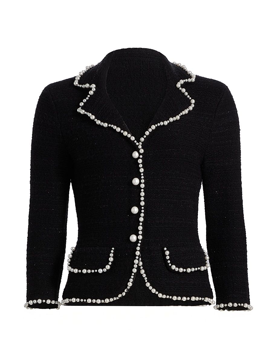 Women's Metallic Knit Imitation-Pearl Trim Blazer - Black - Size Small
