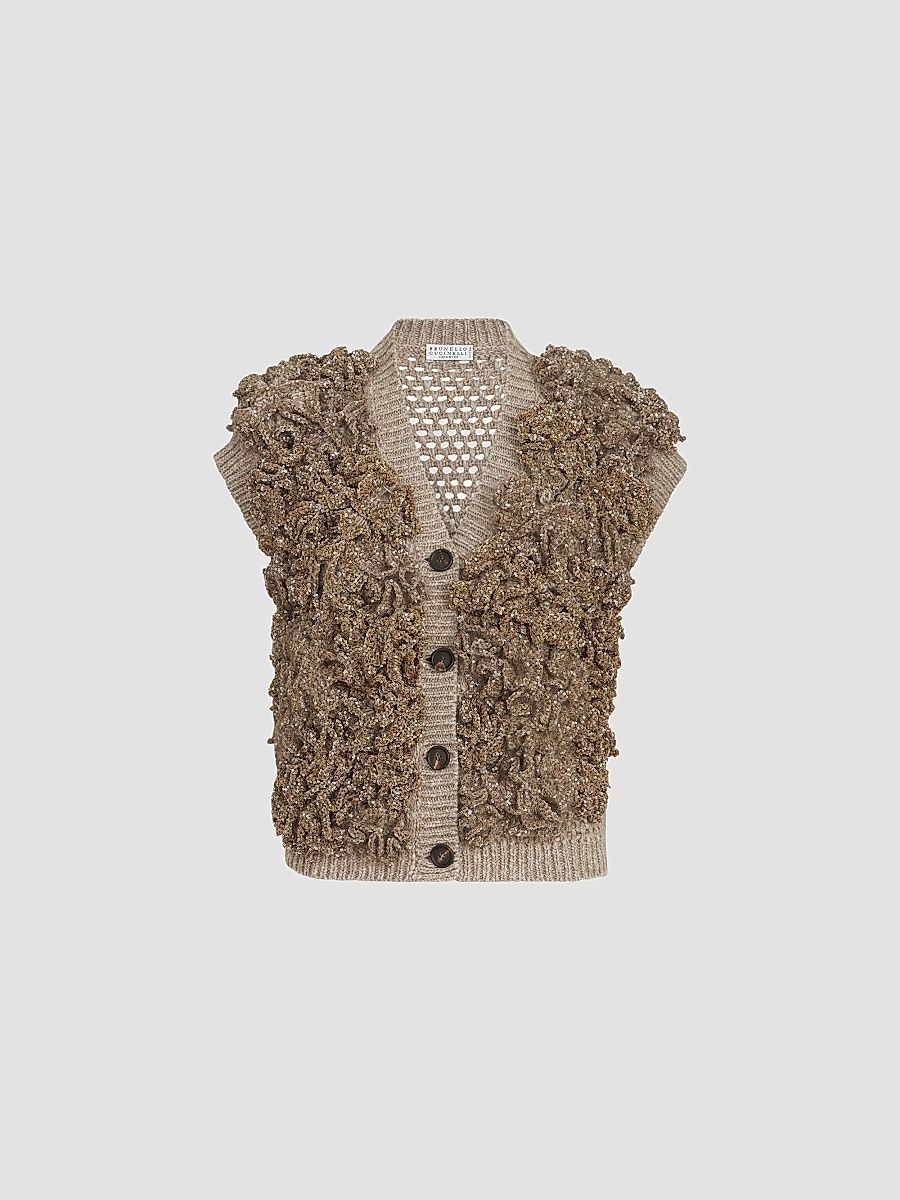 Brunello Cucinelli Women's Handmade Dazzling Blossom Opera Knit Vest - Light Brown - Size XS