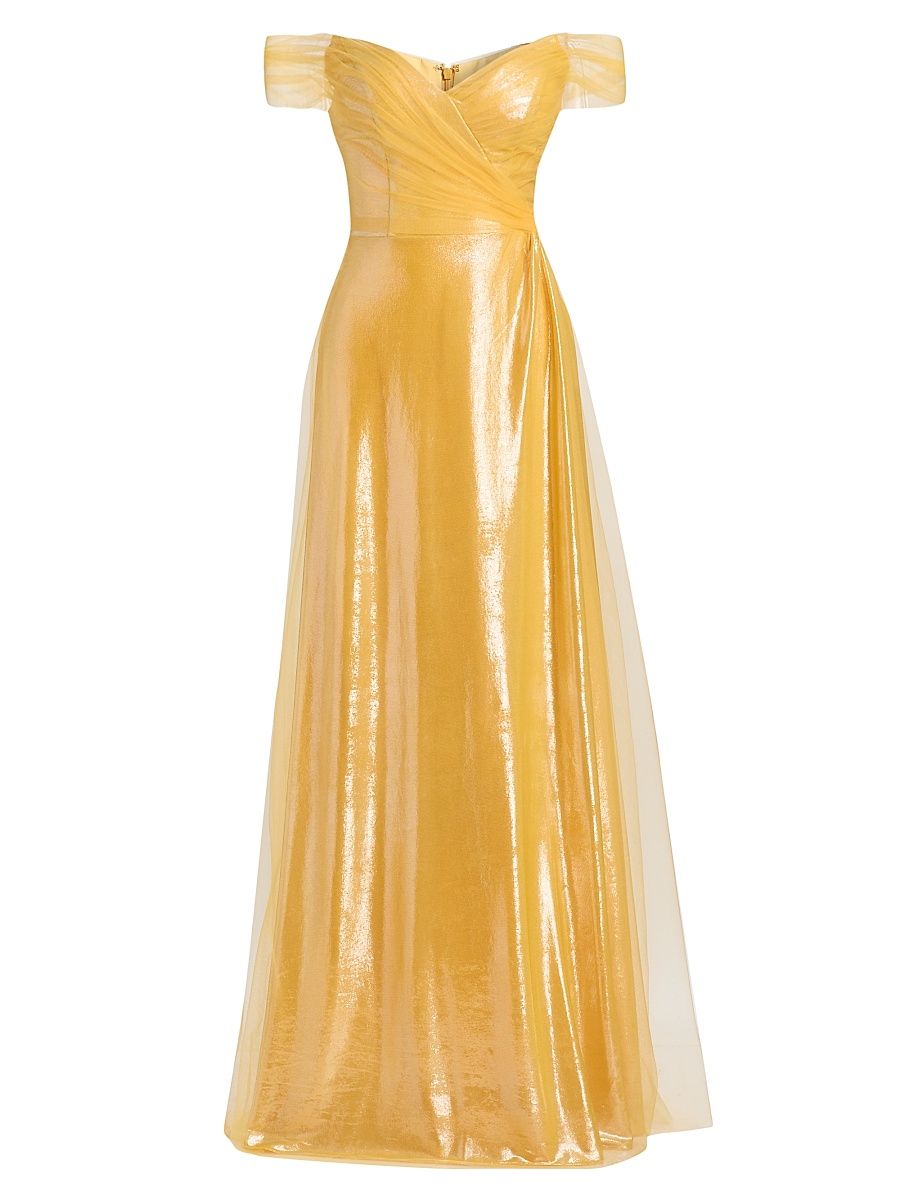 Women's Draped Off-The-Shoulder Tulle Gown - Gold - Size 16