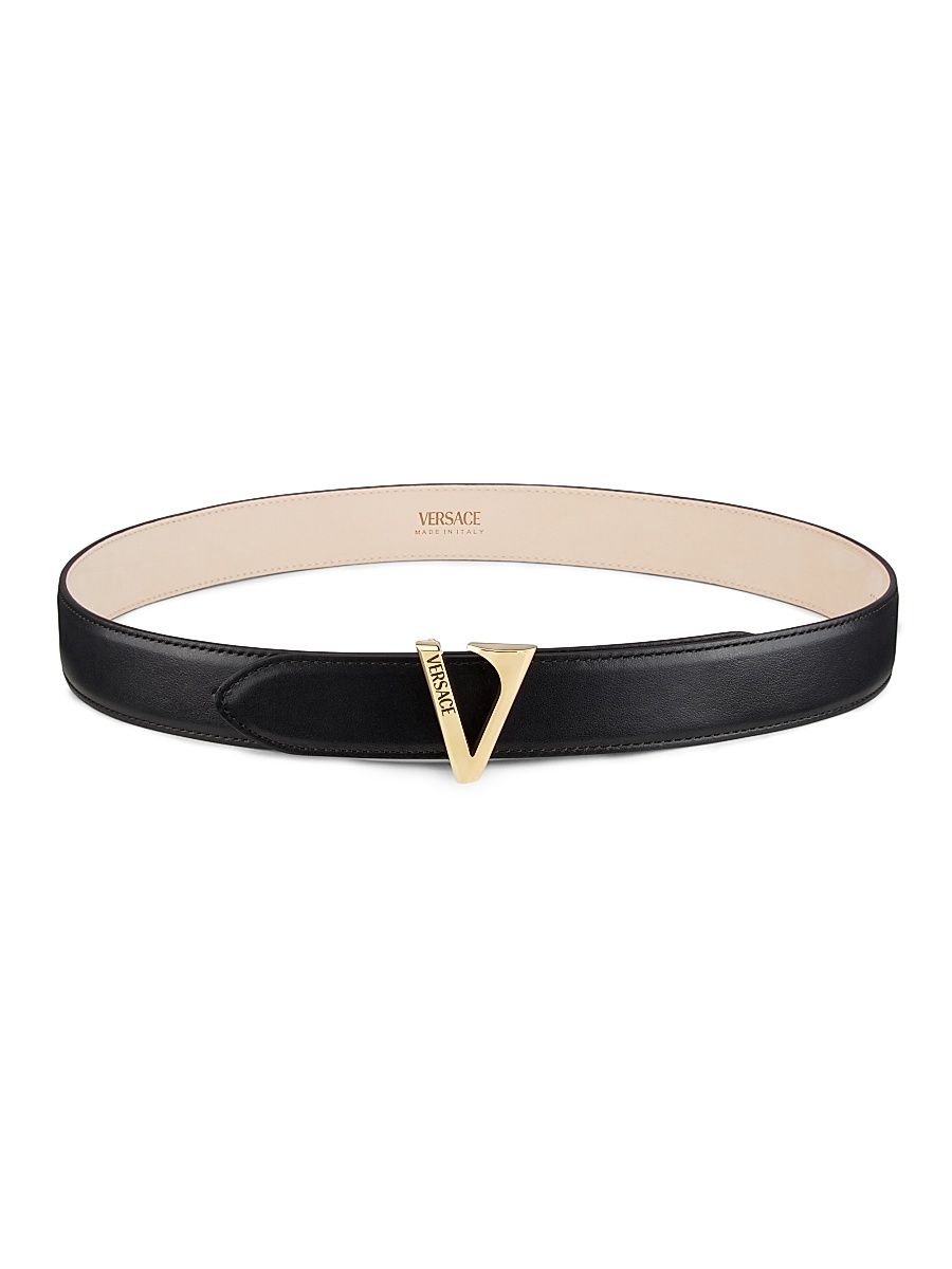 Women's V Buckle Leather Belt - Black Gold - Size Small
