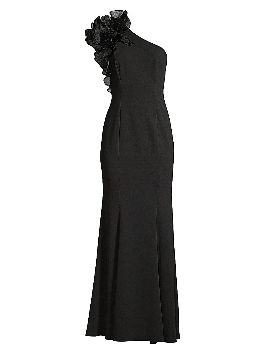 Women's Organza Ruffle One-Shoulder Gown - Black - Size 8