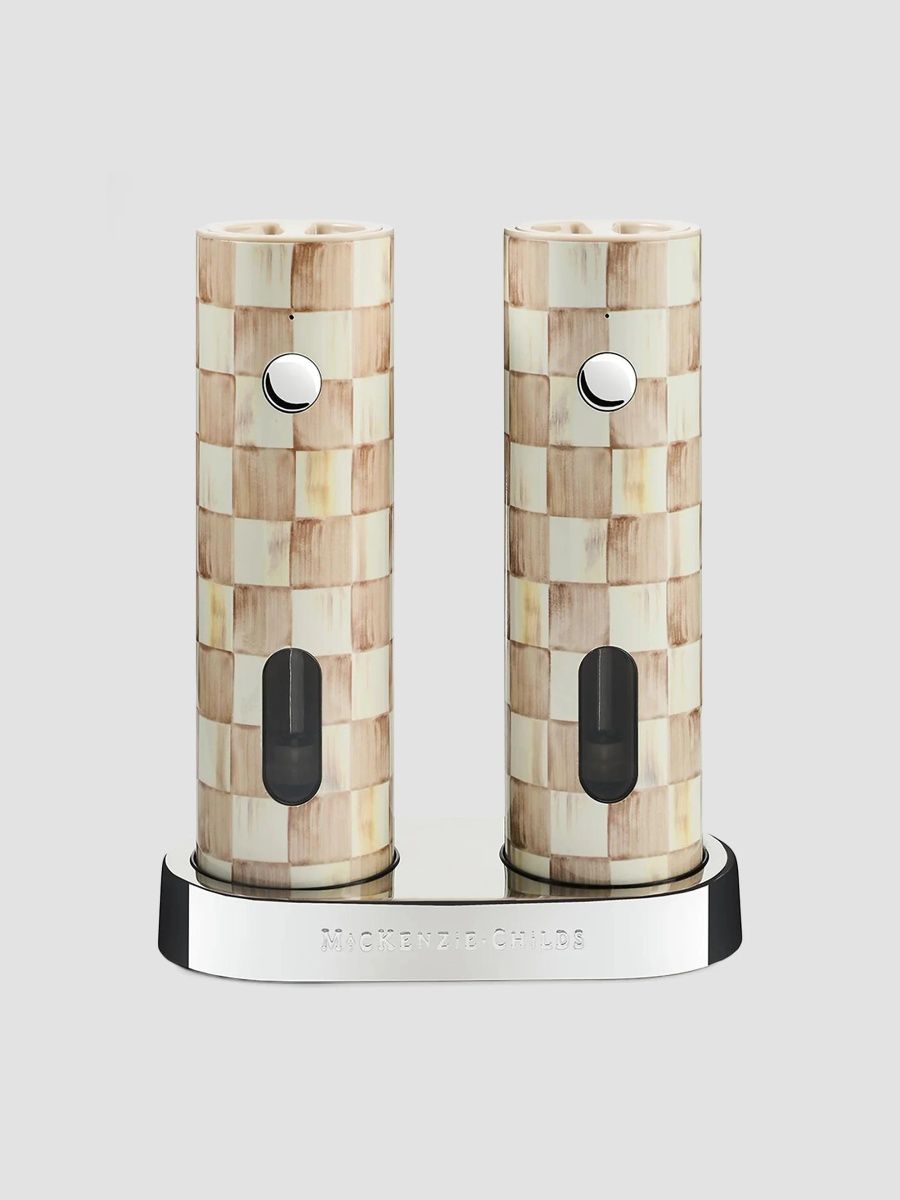 MacKenzie-Childs Mocha Check Electric Salt & Pepper Grinders