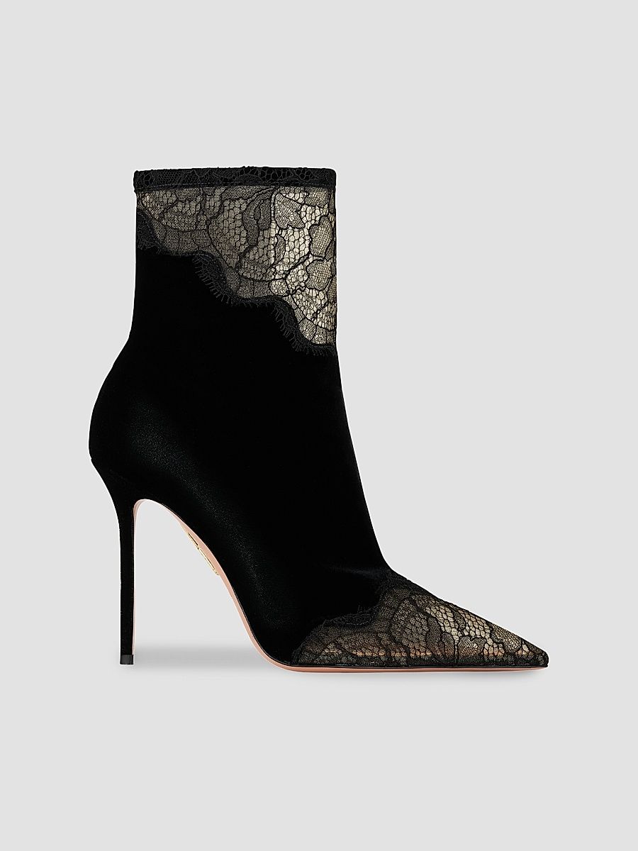 Aquazzura Women's Velvet Meadow 105MM Suede & Lace Ankle Boots - Black - Size 11