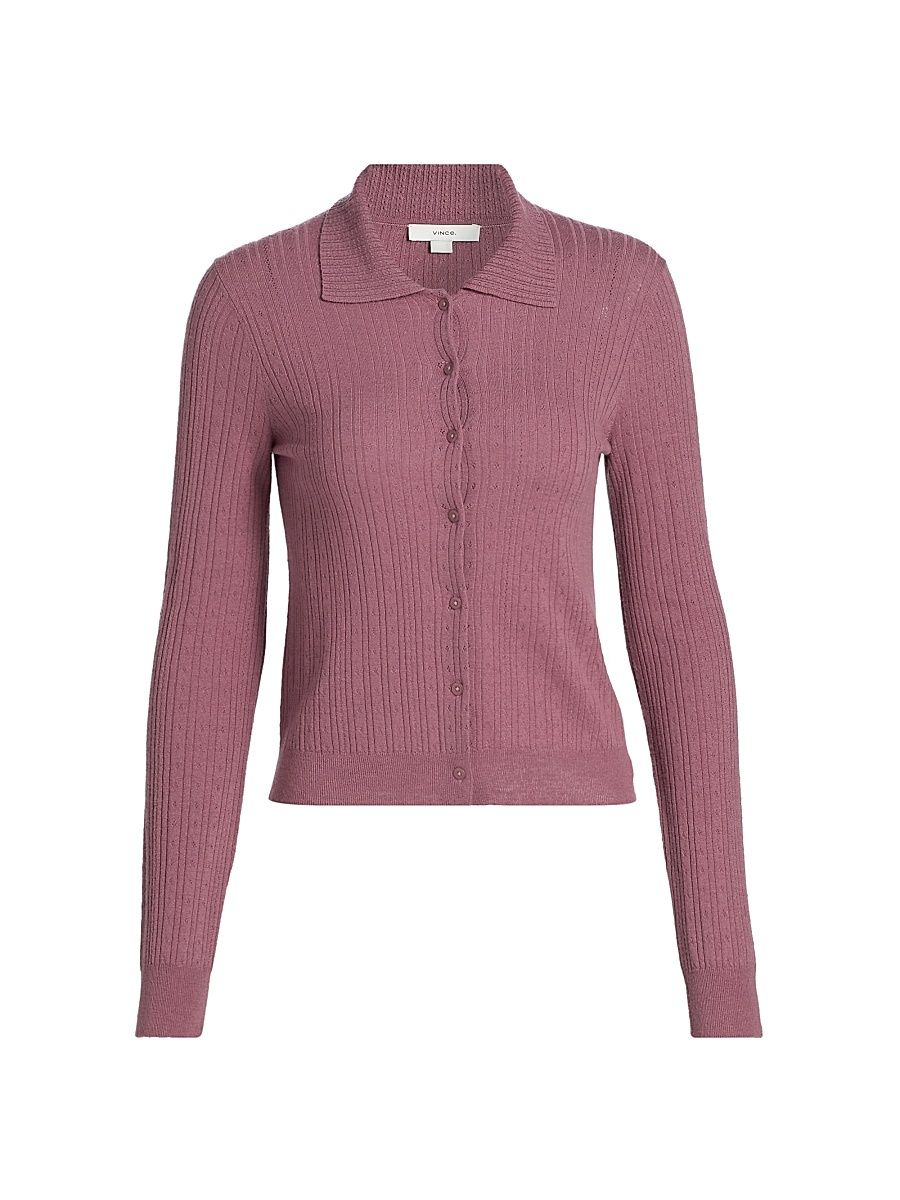 Women's Pointelle Collared Wool Cardigan - Dusty Peony - Size XXS