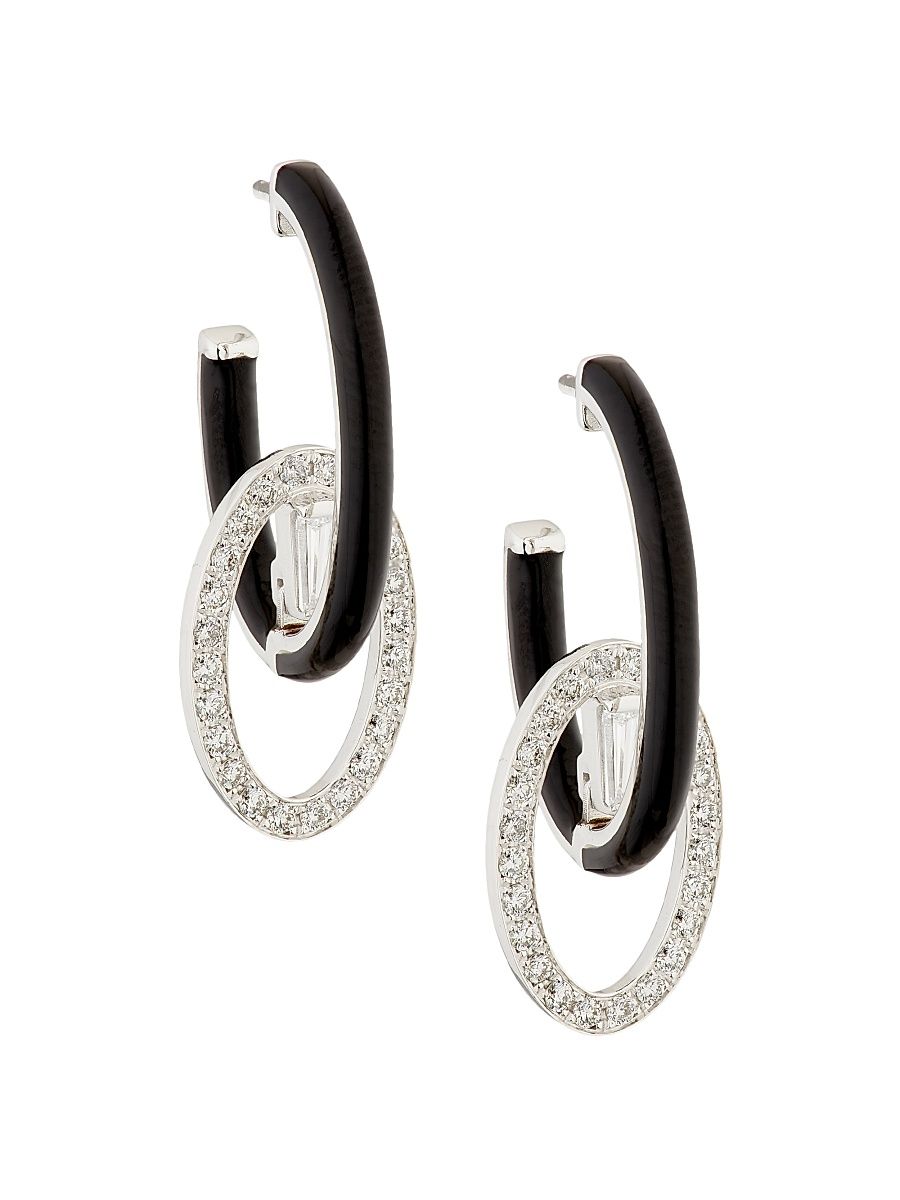 Women's Oui A-Round 18K White Gold, 0.69 TCW Diamond & Black Enamel Hoop Earrings - White Gold
