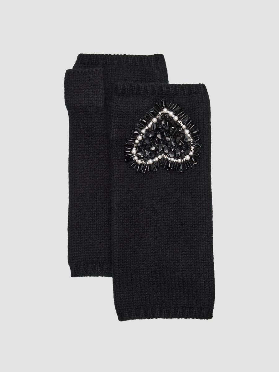Carolyn Rowan Collection Women's Heart-Embroidered Cashmere Fingerless Gloves - Black