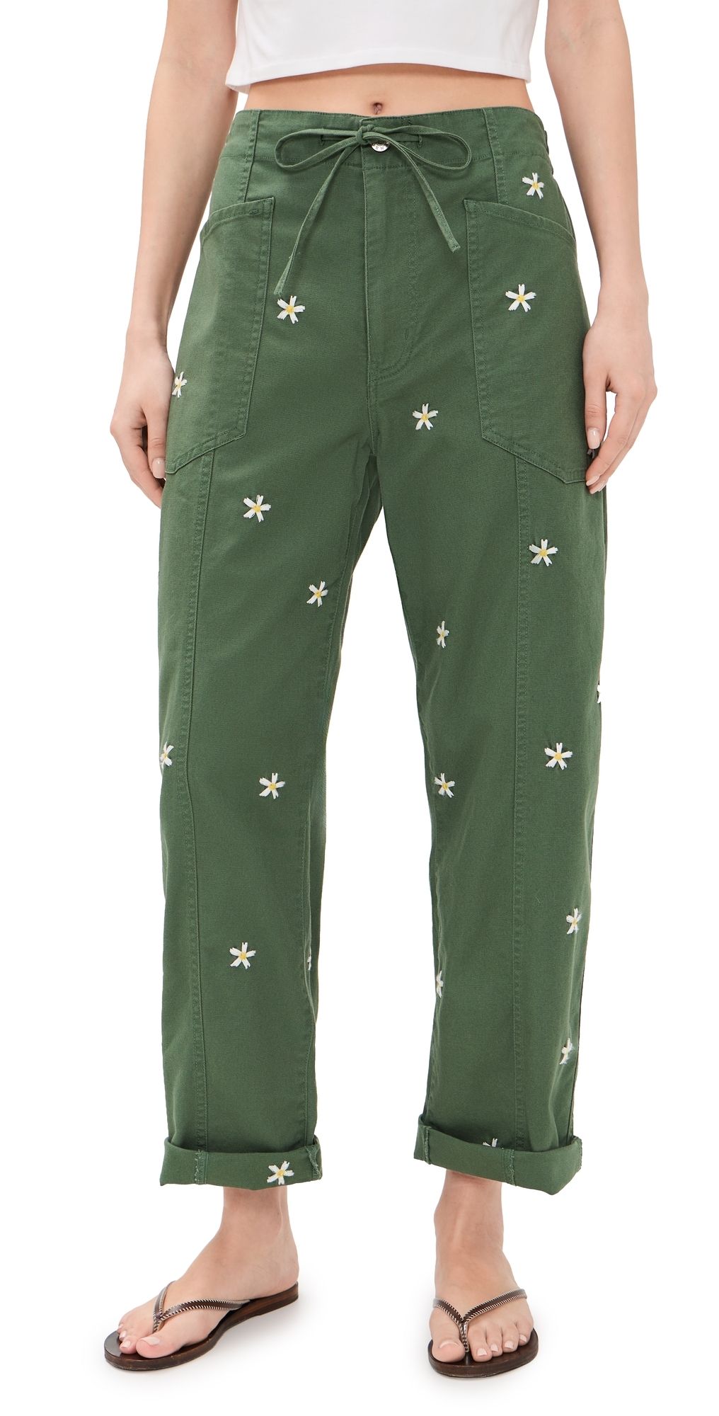 DAZE Villa Drawstring Pants Bronze Green Daisy 27