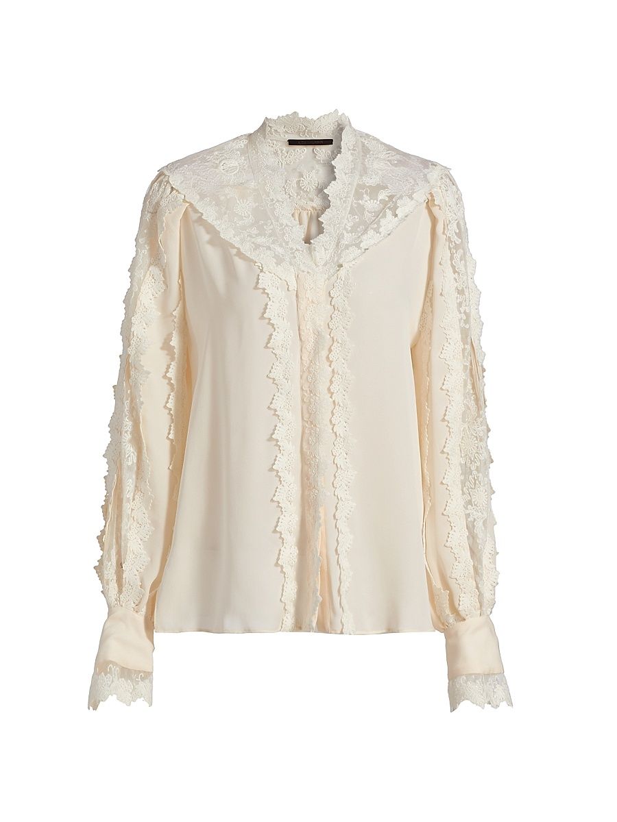 Women's Miguel Silk Lace-Embroidered Blouse - Ivory - Size Small