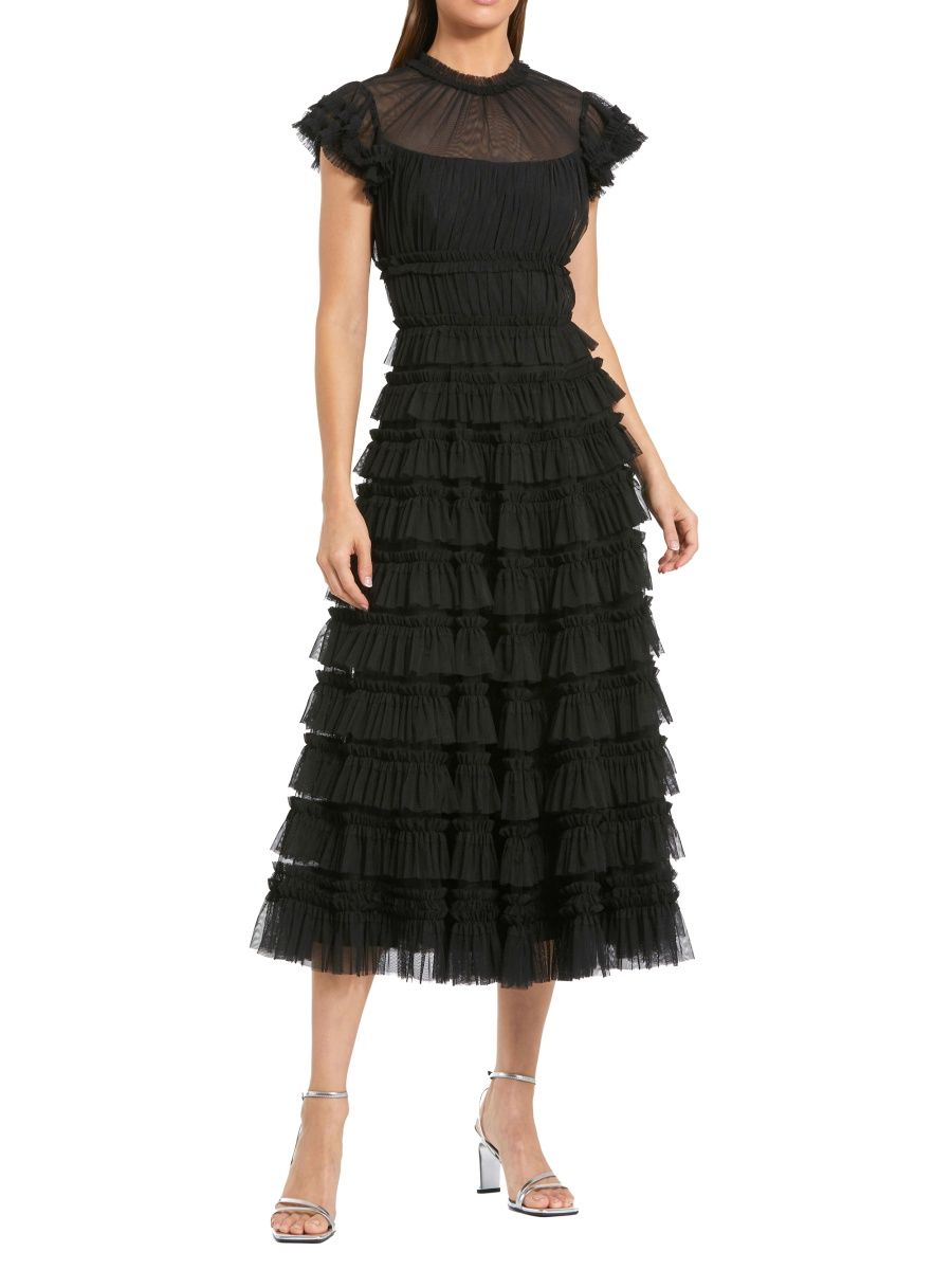 Mac Duggal Women's Mesh Ruffled Midi-Dress - Black - Size 14