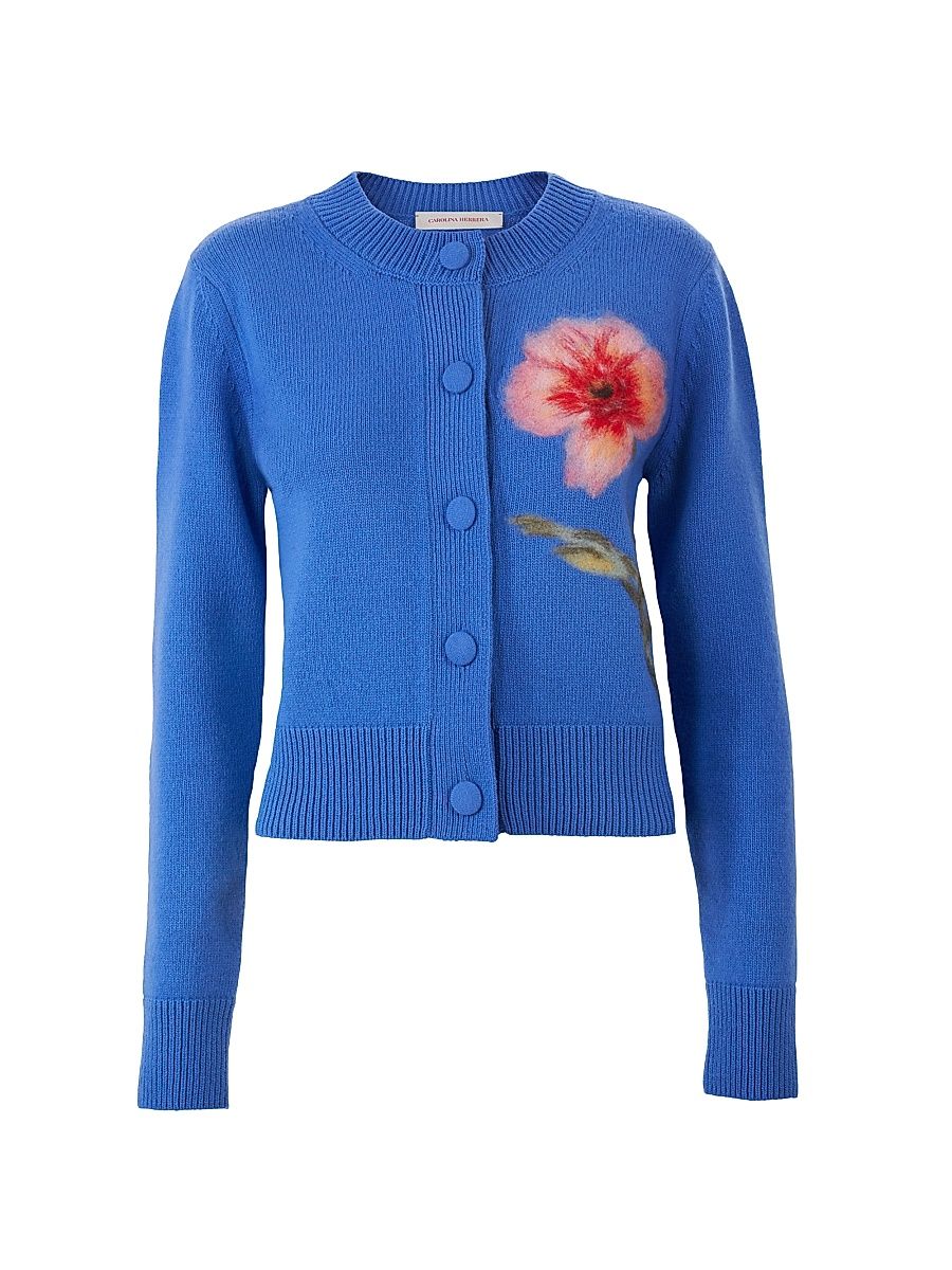 Women's Floral Long-Sleeve Wool Cardigan - Bluebell Multi - Size XL