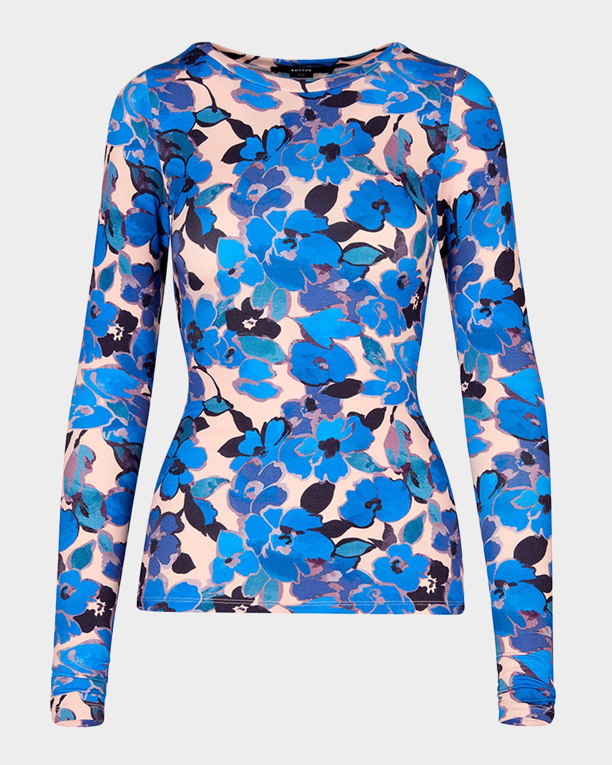 Floral Scrunch-Sleeve Crewneck Top