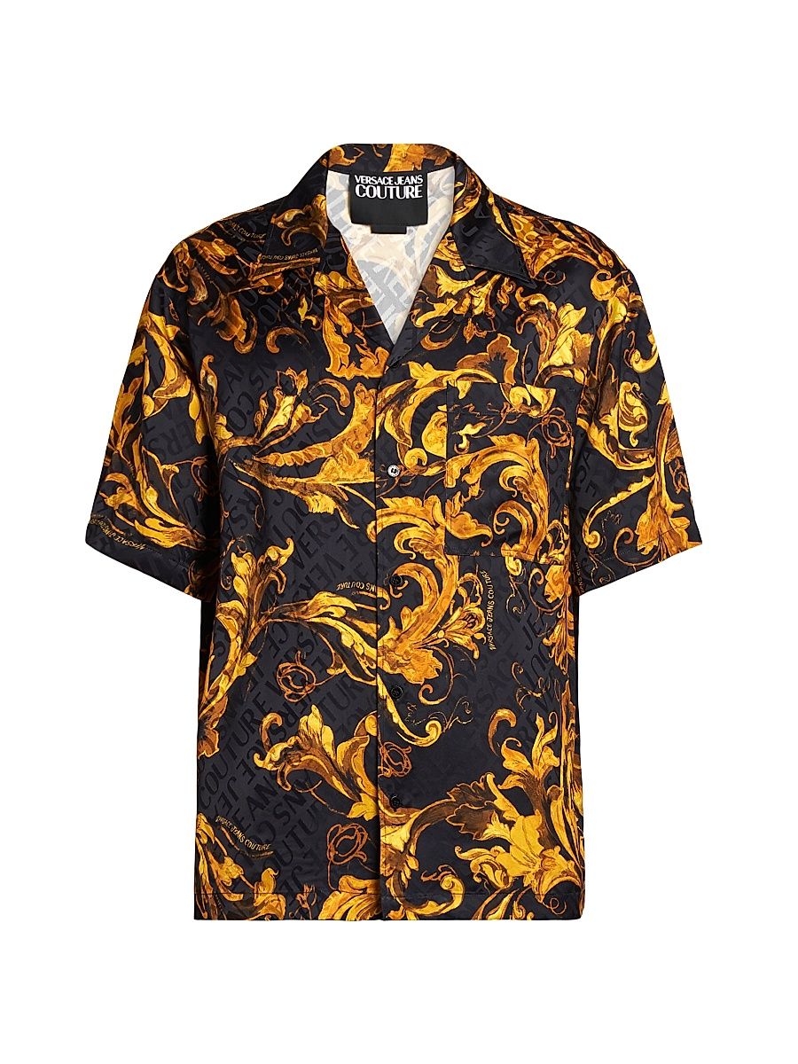 Men's Barocco Short-Sleeve Button-Front Shirt - Black Gold - Size 36