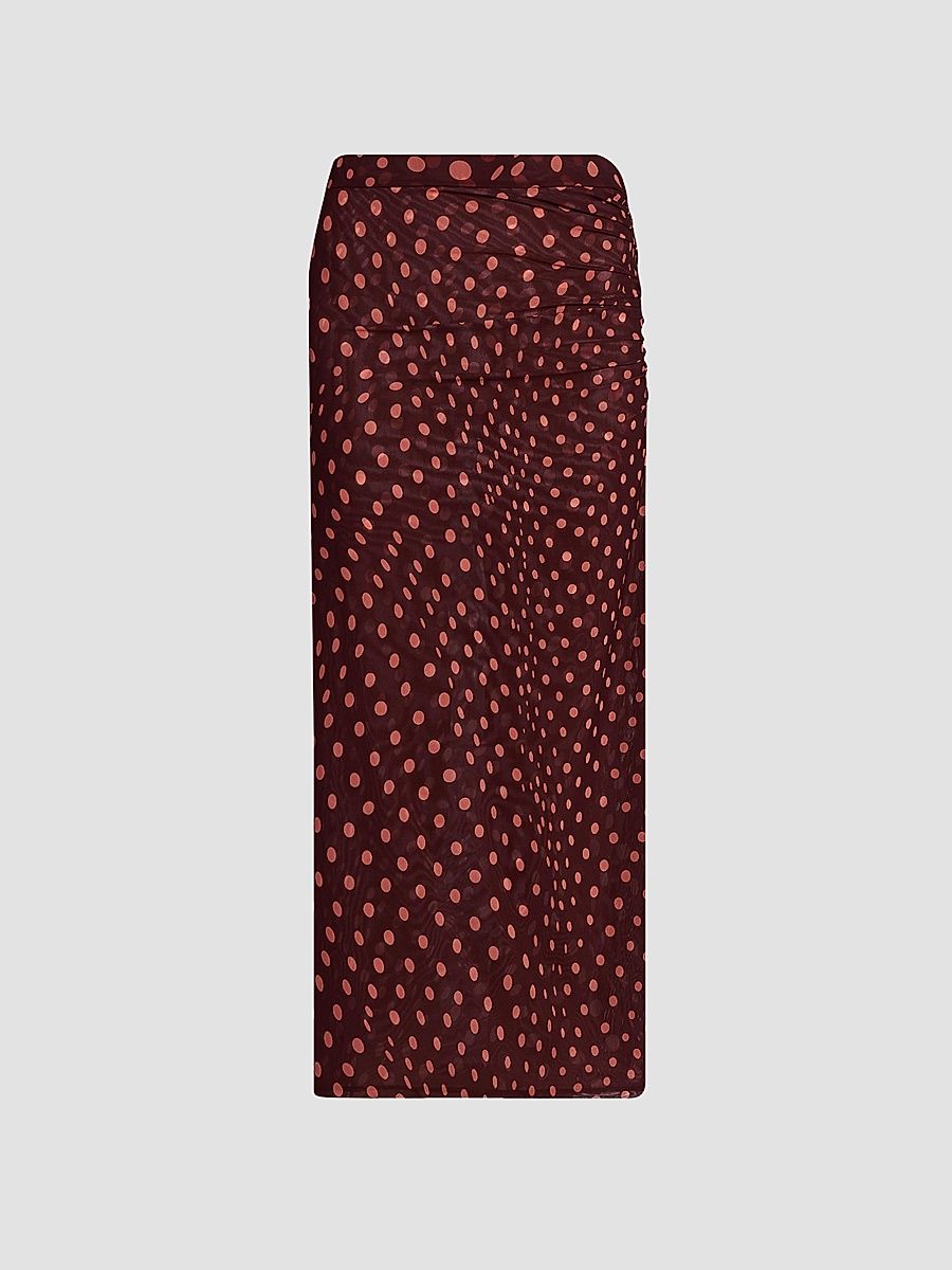 Women's Polka Dot Mesh Midi Skirt - Burgundy Pink - Size XS