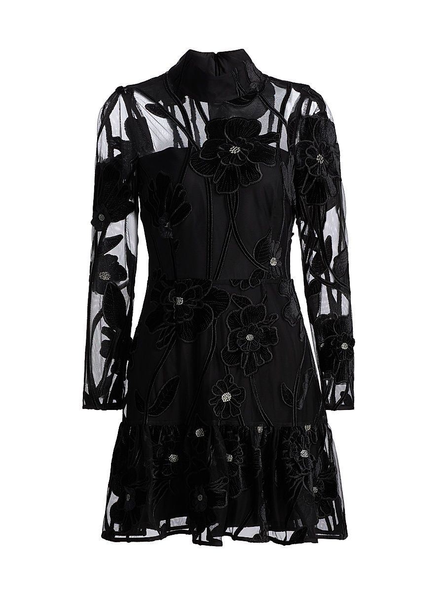 Women's Remington Velvet-Floral Semi-Sheer Minidress - Black - Size 8
