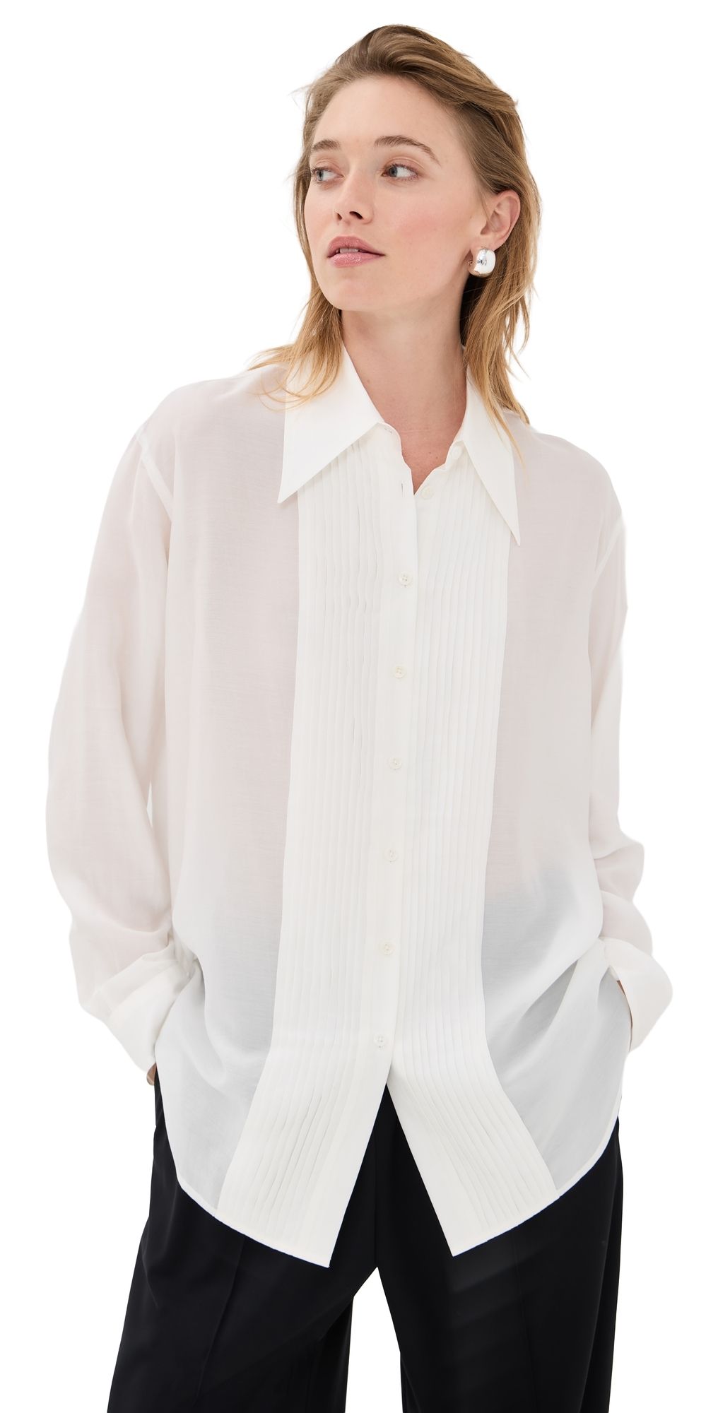 Tibi Silk Voile Easy Pintucked Shirt Ivory XXS
